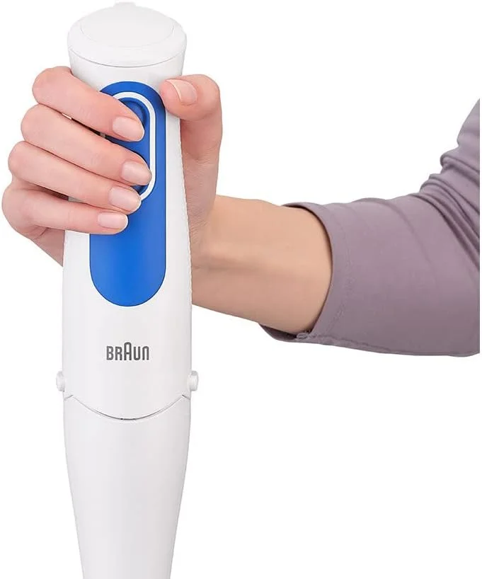 مخلوط کن دستی براون مدل Multiquick 3 با توان 700 وات به همراه ظرف 600 میلی لیتری بدون BPA، سرعت دوگانه، فناوری Splashcontrol و Powerbell Plus مدل MQ 3000 Smoothie سفید، آبی "حداقل 1 سال گارانتی تولید کننده"