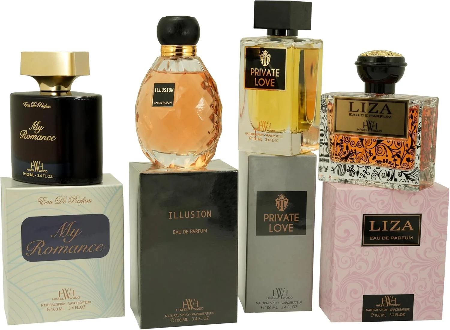 پک ترکیبی عطر هیزل وود – Liza, My Romance, Private Love, Illusion – ادو پرفیوم ماندگار و با کیفیت عالی زنانه – 4 عدد 100 میلی لیتر