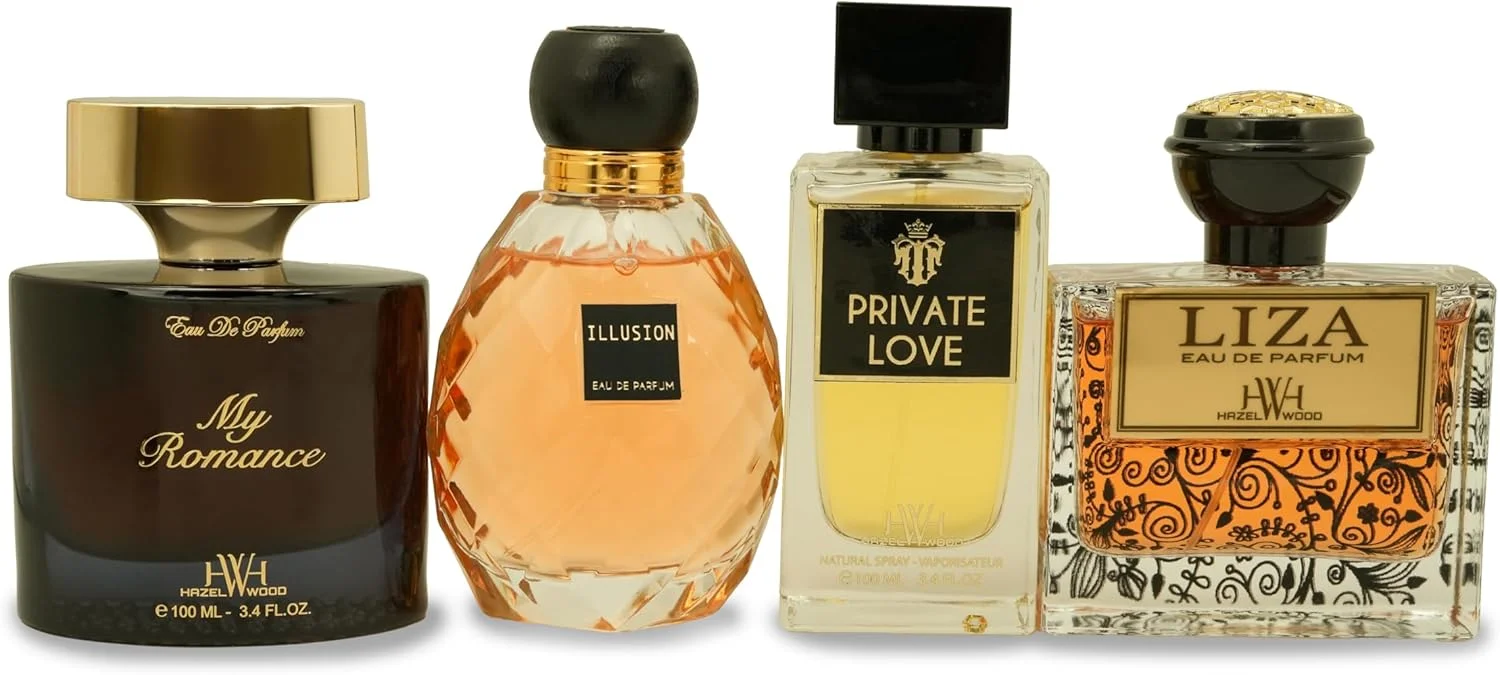 پک ترکیبی عطر هیزل وود – Liza, My Romance, Private Love, Illusion – ادو پرفیوم ماندگار و با کیفیت عالی زنانه – 4 عدد 100 میلی لیتر پک ترکیبی عطر هیزل وود – Liza, My Romance, Private Love, Illusion – ادو پرفیوم ماندگار و با کیفیت عالی زنانه – 4 عدد 100 میلی لیتر