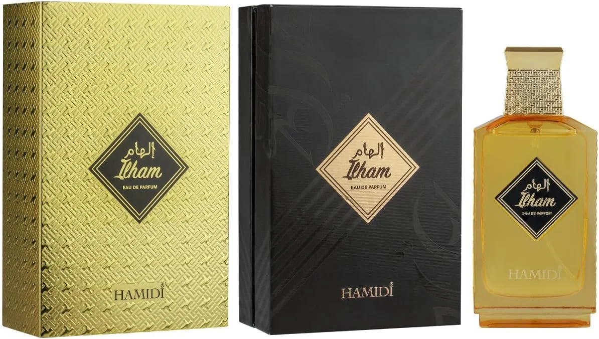 عطر زنانه حمیدی الهام گلد ادو پرفیوم 100 میلی لیتر، عطر زنانه، ماندگاری طولانی، رایحه عربی مرکباتی معطر با لیمو، ترنج، اسطوخودوس، عسل و دارچین