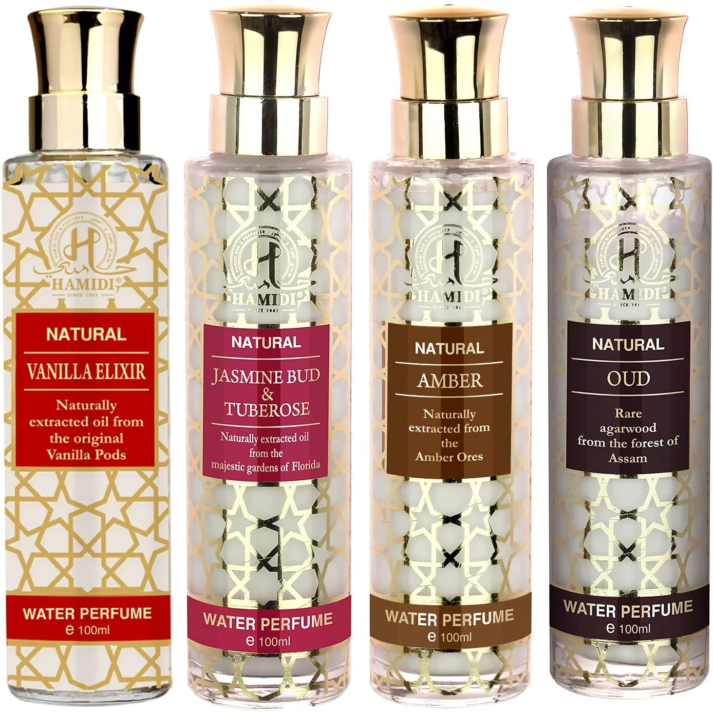 عطرهای آبی طبیعی غیر الکلی حمیدی унисекс 100 میلی لیتر - مجموعه طلایی عطرها - بسته 4 عددی - عطر مردانه - عطر زنانه - رایحه