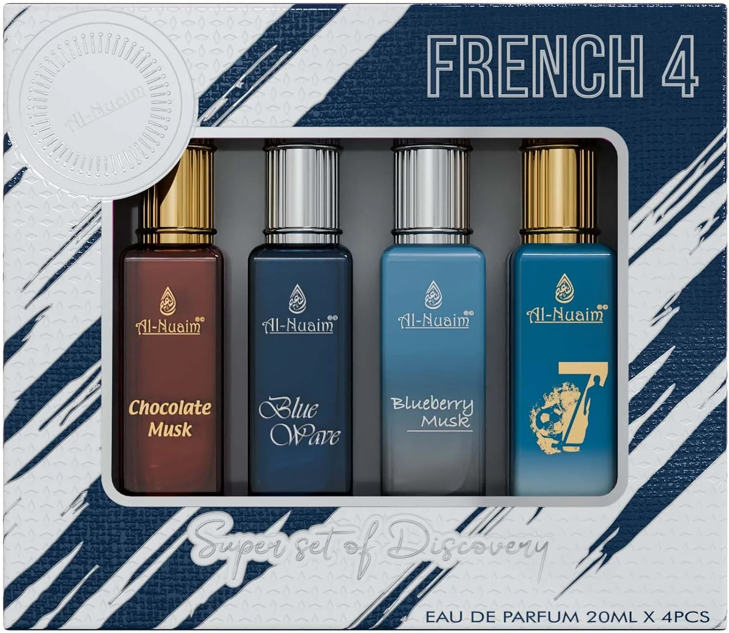 ست هدیه ادو پرفیوم унисекс Al Nuaim French 4 (4 X 20ml) شکلات مشک، بلوبری مشک، بلو ویو 07، عطر مایع ماندگار (بسته 4 عددی)
