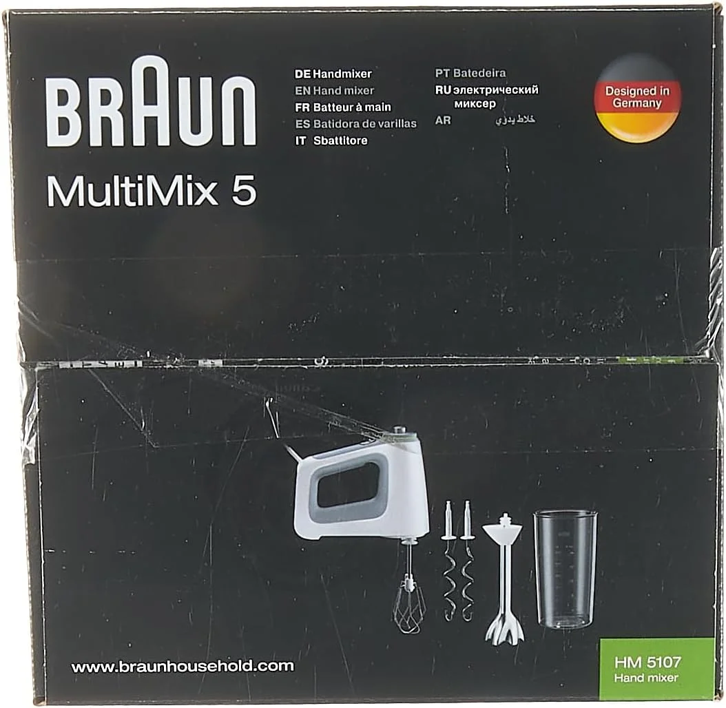 همزن دستی براون مدل MultiMix 5 HM 5107 با کنترل سرعت پیوسته، 750 وات، شامل همزن، خمیرزن، میله پوره ساز و فنجان مخلوط کن و اندازه گیری 600 میلی لیتری، سفید/خاکستری همزن دستی براون مدل MultiMix 5 HM 5107 با کنترل سرعت پیوسته، 750 وات، شامل همزن، خمیرزن، میله پوره ساز و فنجان مخلوط کن و اندازه گیری 600 میلی لیتری، سفید/خاکستری