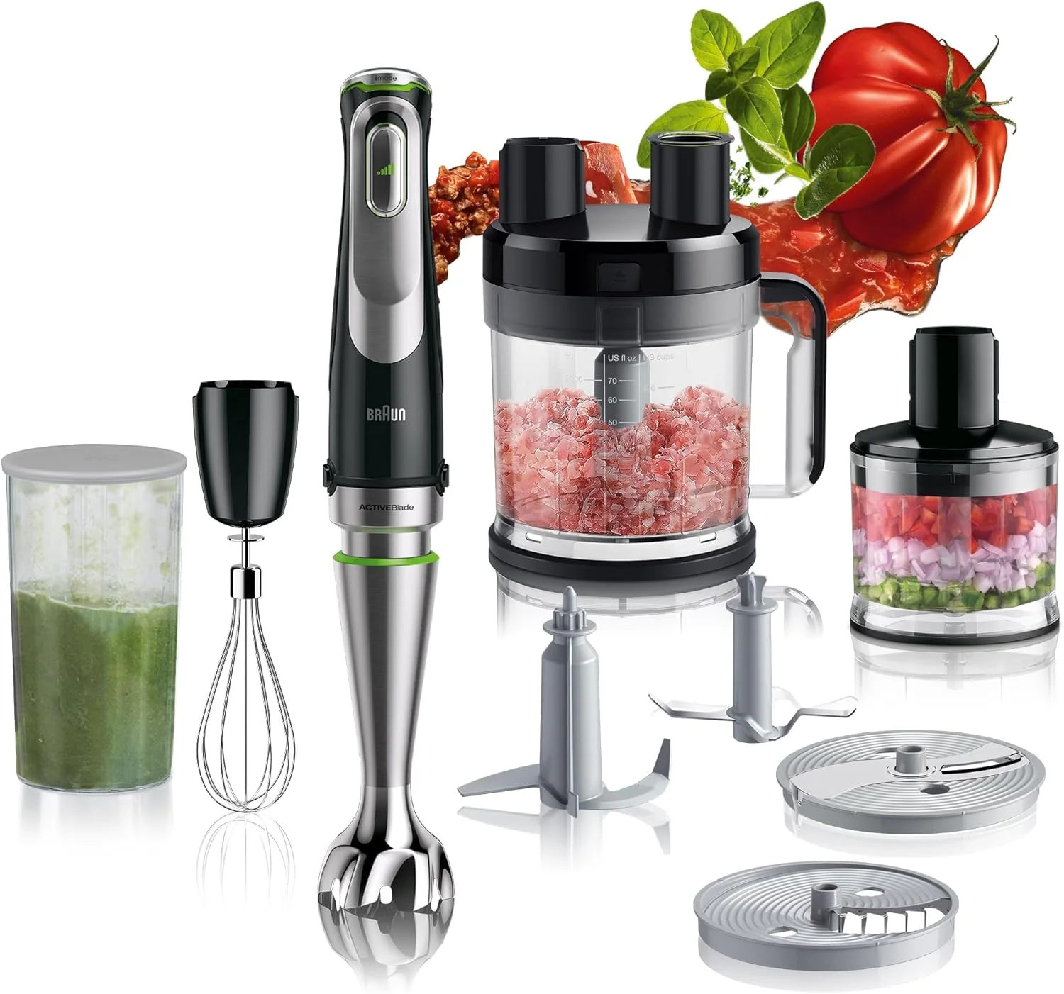مخلوط کن دستی براون مدل MultiQuick 9، توان 1200 وات، غذاساز 2 لیتری، خردکن 500 میلی لیتری. فناوری iMode، پوره ساز/له کن، همزن، Easy SmartSpeed، فناوری SplashControl و PowerBell Plus - MQ 9185 XLI