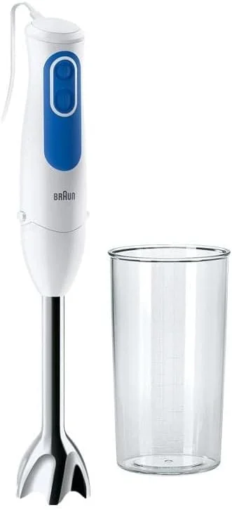 مخلوط کن دستی براون MultiQuick 3 700W با ظرف 600 میلی لیتری بدون BPA، سرعت دوگانه، SplashControl و فناوری PowerBell Plus مدل MQ 3000 Smoothie+ سفید، آبی، MQ 3000 Plus