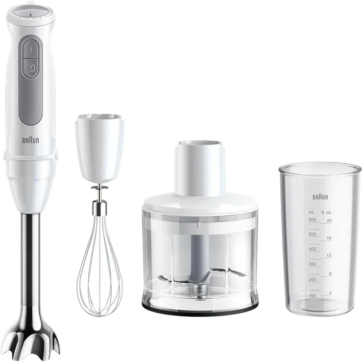 مخلوط کن دستی 1000 وات براون مدل MultiQuick 5 با لیوان، خردکن 500 میلی لیتری، همزن، PowerBell VPlus، 21 سرعت، SplashControl برای خرد کردن، آسیاب ماسالا، چاتنی، پوره، اسموتی، سوپ، شیک MQ50236M
