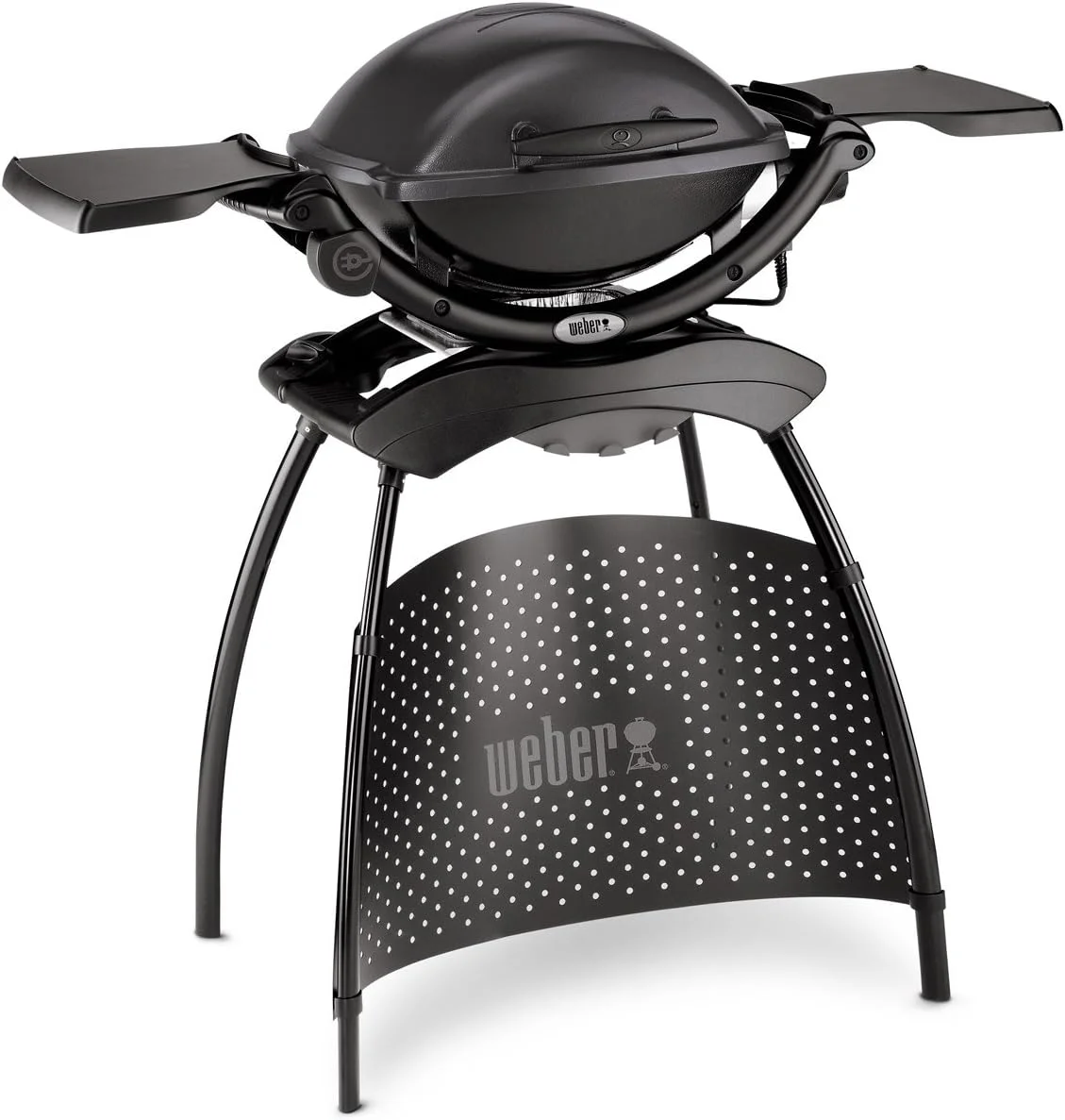 باربیکیو برقی Weber Q1400 با پایه، مساحت گریل 43 × 32 سانتی‌متر، گریل قابل حمل BBQ، توری پخت و پز چدنی با روکش مینای چینی 2 تکه، درب و محفظه آلومینیومی ریخته‌گری شده - خاکستری تیره (52020879)