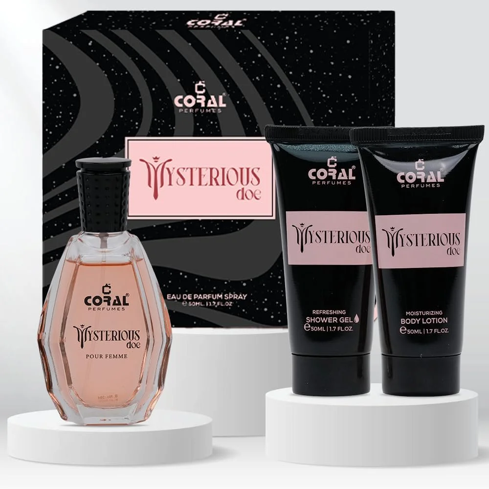 ست هدیه زنانه Coral Mysterious Doe Pour Femme | ادو پرفیوم، لوسیون بدن و ژل دوش (هر کدام 50 میلی لیتر) | رایحه ماندگار برای زنان | ست هدیه لوکس