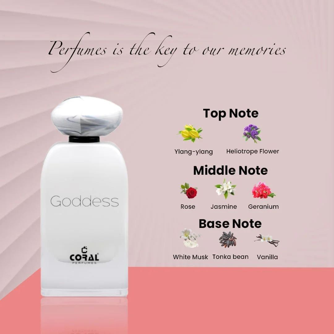عطر زنانه Coral Goddess | رایحه لوکس و ماندگار | رایحه گلی چوبی ظریف با آکوردهای مشک و وانیل ادو پرفیوم - 100 میلی لیتر | ساخت دبی توسط Coral Perfumes