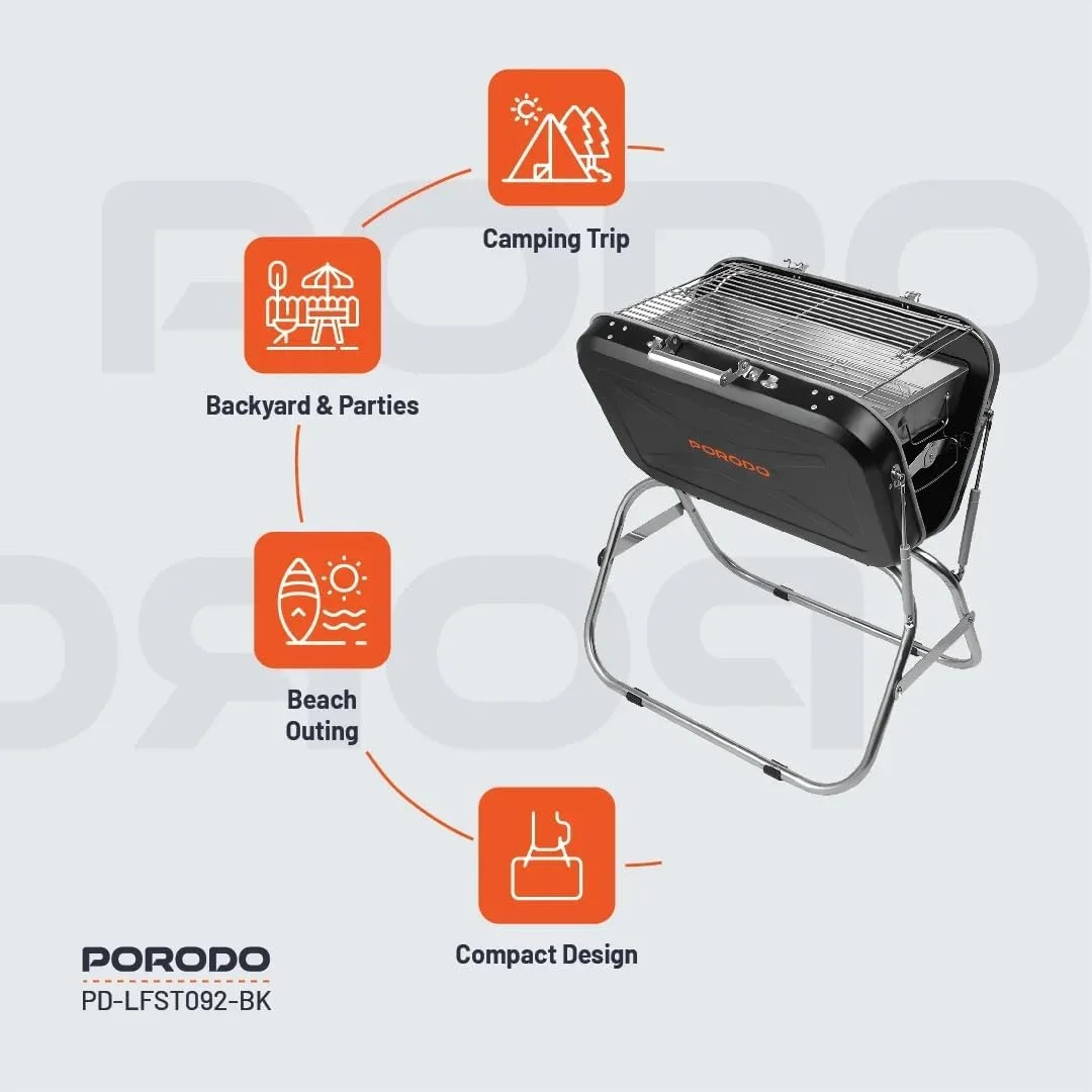 جعبه گریل تاشو باربیکیو Porodo Lifestyle با دسته و سه پایه - مشکی جعبه گریل تاشو باربیکیو Porodo Lifestyle با دسته و سه پایه - مشکی
