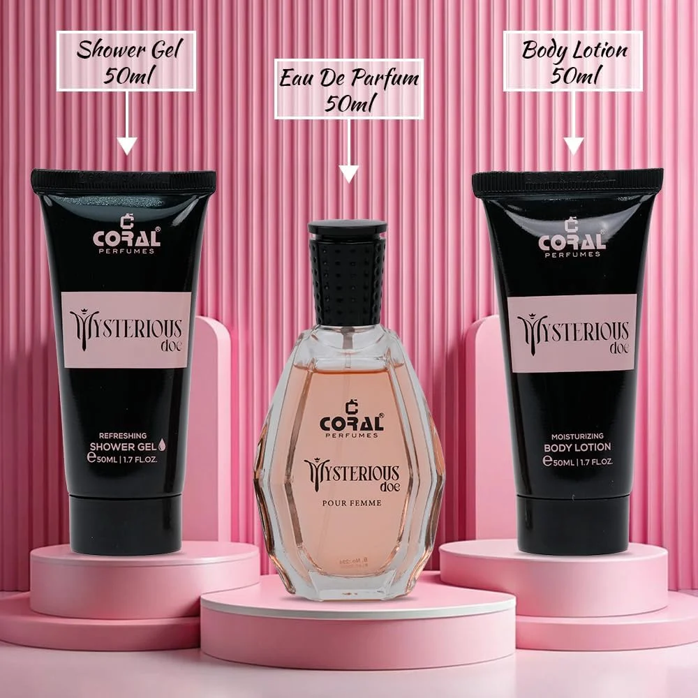ست هدیه زنانه Coral Mysterious Doe Pour Femme | ادو پرفیوم، لوسیون بدن و ژل دوش (هر کدام 50 میلی لیتر) | رایحه ماندگار برای زنان | ست هدیه لوکس ست هدیه زنانه Coral Mysterious Doe Pour Femme | ادو پرفیوم، لوسیون بدن و ژل دوش (هر کدام 50 میلی لیتر) | رایحه ماندگار برای زنان | ست هدیه لوکس