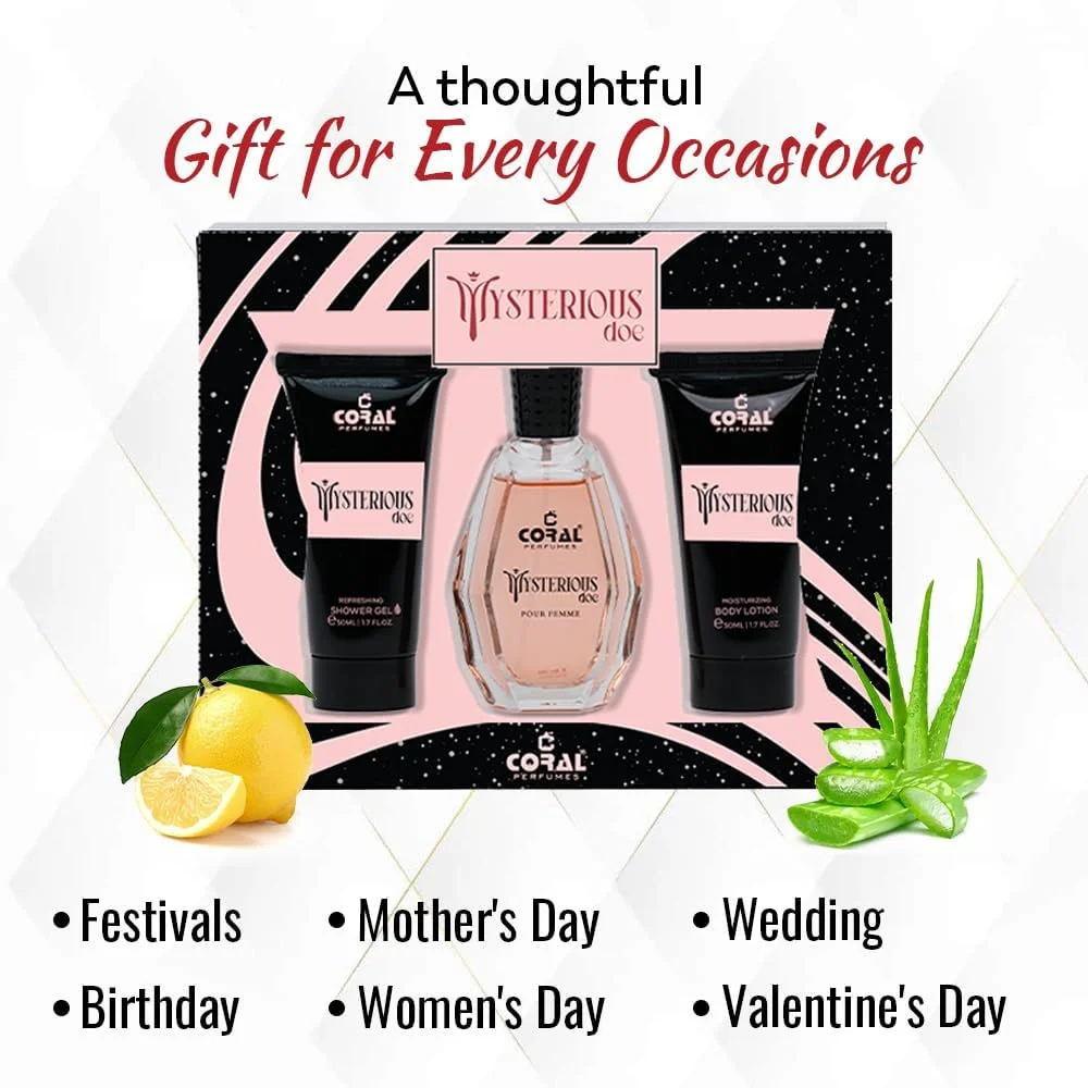 ست هدیه زنانه Coral Mysterious Doe Pour Femme | ادو پرفیوم، لوسیون بدن و ژل دوش (هر کدام 50 میلی لیتر) | رایحه ماندگار برای زنان | ست هدیه لوکس ست هدیه زنانه Coral Mysterious Doe Pour Femme | ادو پرفیوم، لوسیون بدن و ژل دوش (هر کدام 50 میلی لیتر) | رایحه ماندگار برای زنان | ست هدیه لوکس