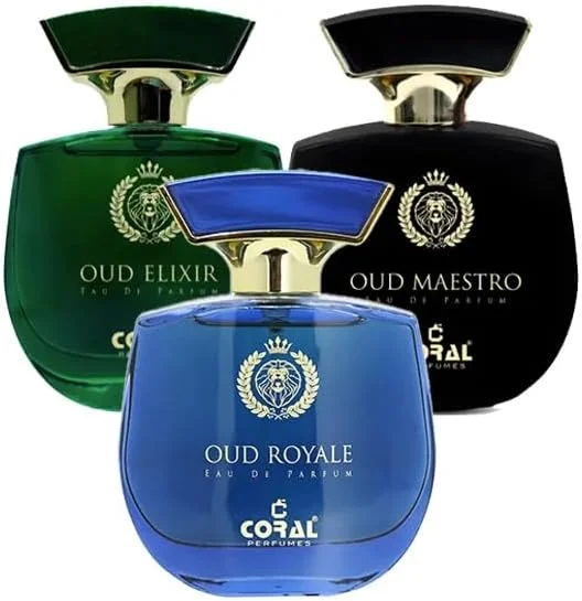 ست ترکیبی عطر Coral Oud Elixir + Oud Royale + Oud Maestro | رایحه لوکس ماندگار | رایحه عود شرقی غنی برای مردان و زنان | ادو پرفیوم - 3 عدد 100 میلی لیتری | ساخت دبی توسط Coral Perfumes