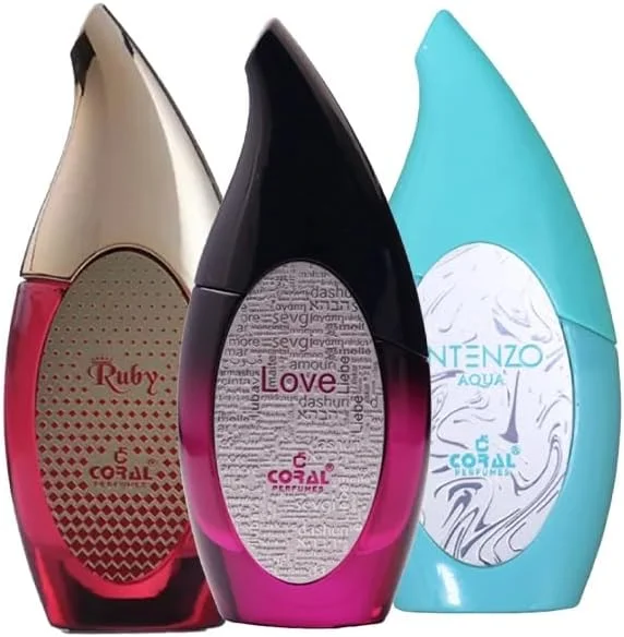 ست ادکلن زنانه Coral Ruby، Love & Intenzo Aqua | ماندگاری بالا | مجموعه عطر لوکس | رایحه میوه ای، گلی و دریایی ادو پرفیوم - 3 عدد 100 میلی لیتر | ساخت دبی توسط Coral Perfumes