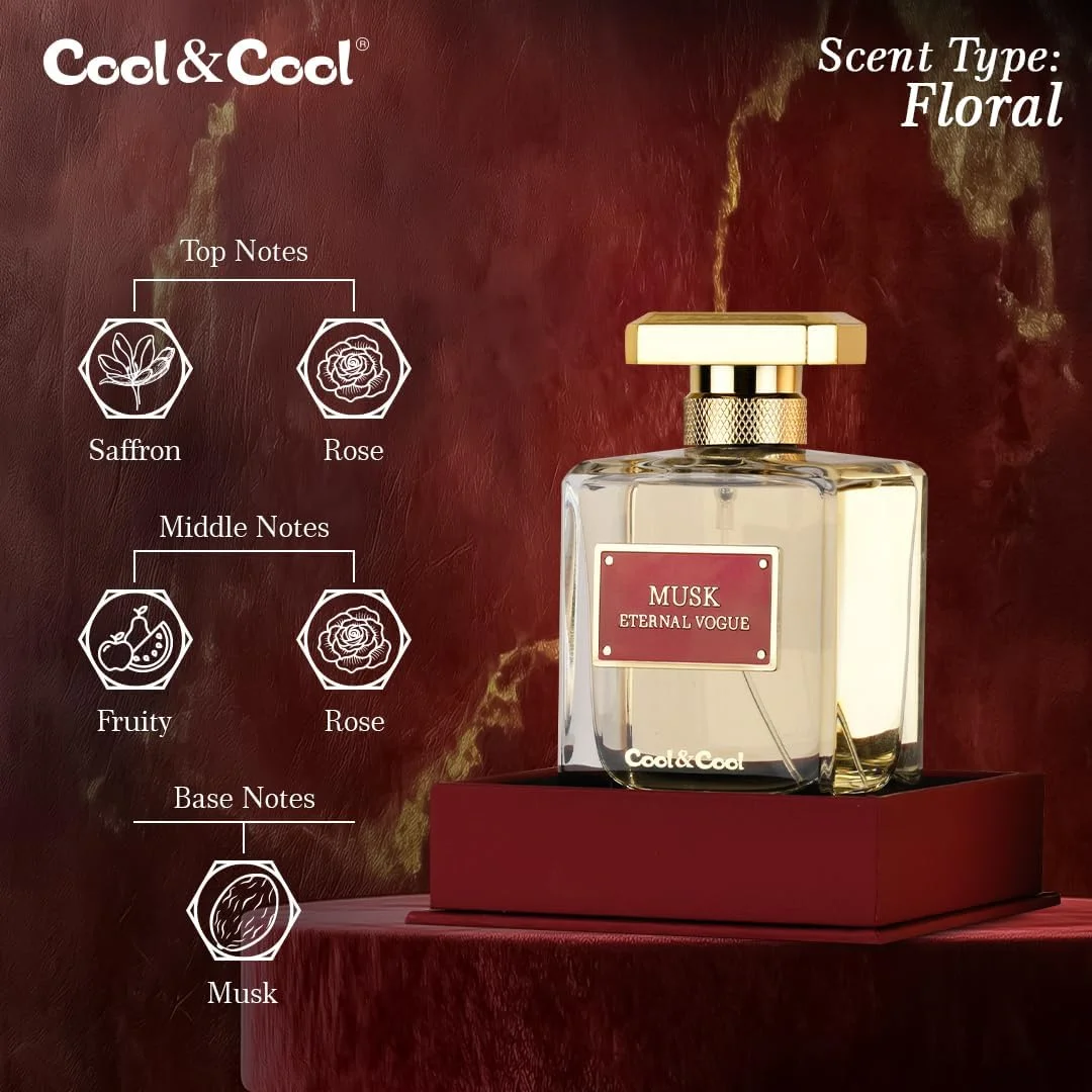 ادکلن کول اند کول Musk Eternal Vogue حجم 100 میلی لیتر - رایحه گلی با نت های زعفران، رز، میوه ای و مشک، رایحه ای شیک و ماندگار مناسب برای خانم ها و آقایان ادکلن کول اند کول Musk Eternal Vogue حجم 100 میلی لیتر - رایحه گلی با نت های زعفران، رز، میوه ای و مشک، رایحه ای شیک و ماندگار مناسب برای خانم ها و آقایان