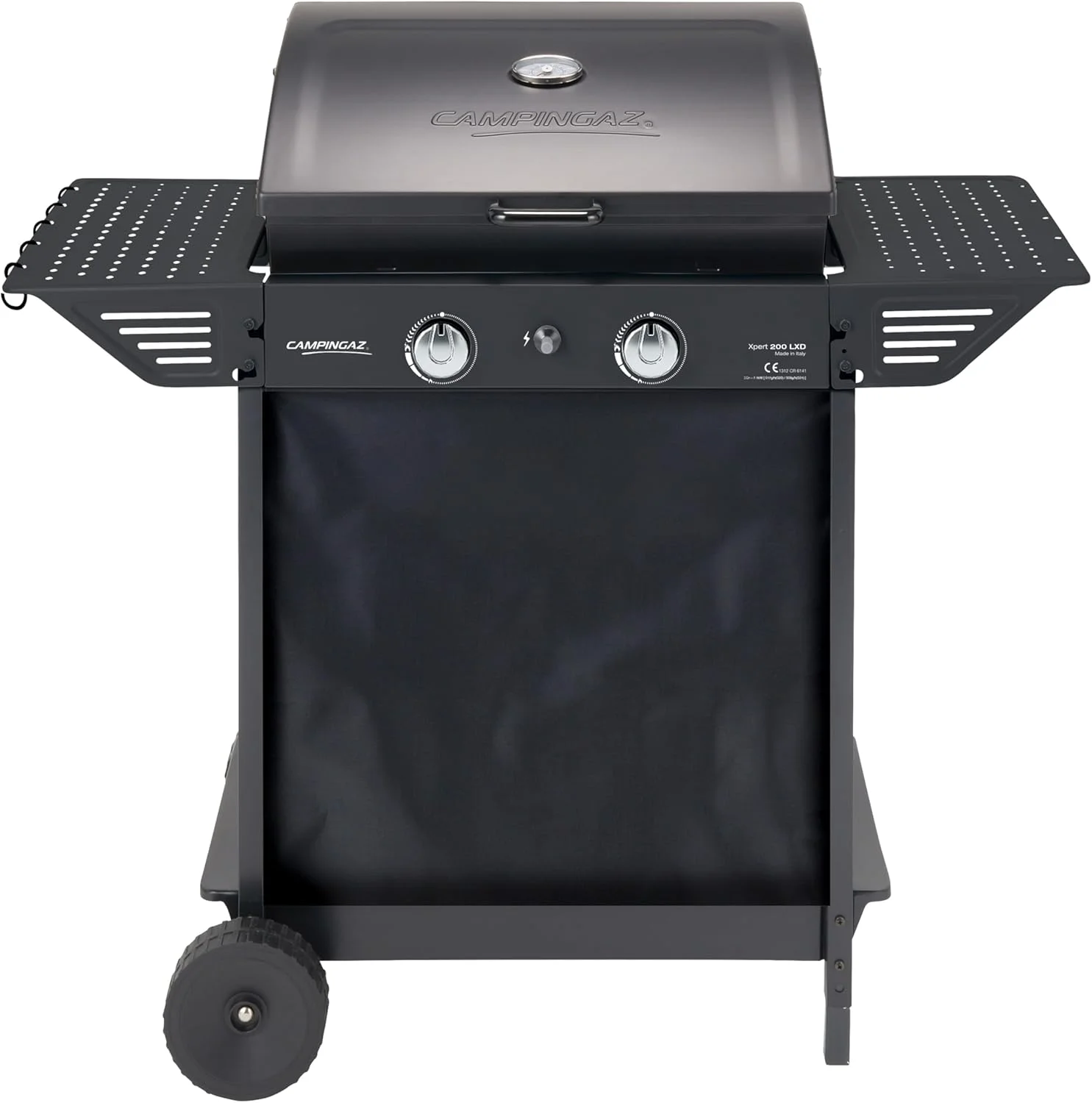 باربیکیو گازی چرخدار Campingaz Xpert 200 LXD با 2 مشعل گازی آلومینایز، درب با دماسنج، توان 7.1 کیلو وات، قفسه گرم کننده، 2 میز تاشو جانبی