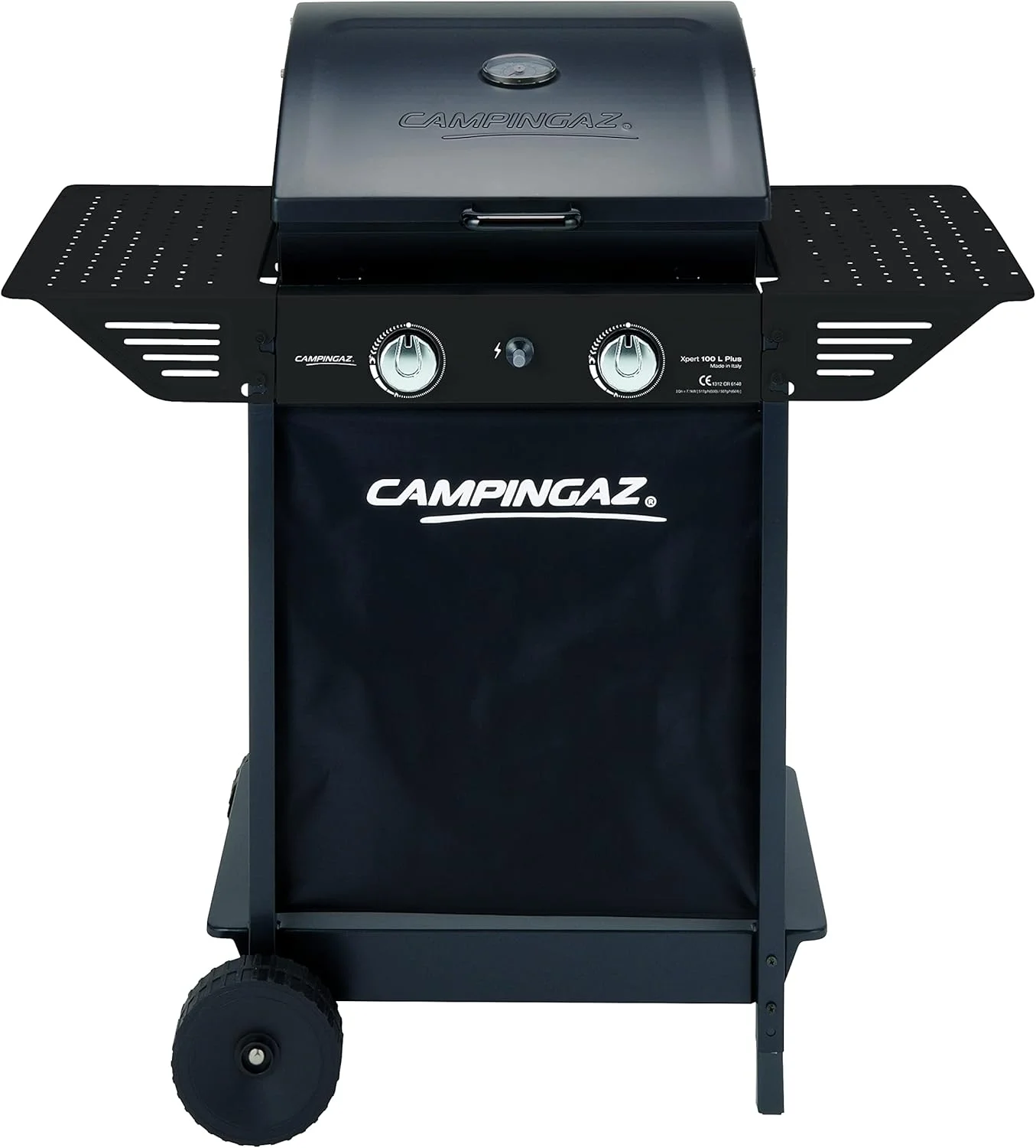 باربیکیو گازی سنگ لاوا Campingaz Xpert 100 LS Plus Rocky با چرخ، دارای 2 مشعل و 1 اجاق کناری، درب + دماسنج، قفسه تاشو، توان 7.1 کیلووات + 2.1 کیلووات