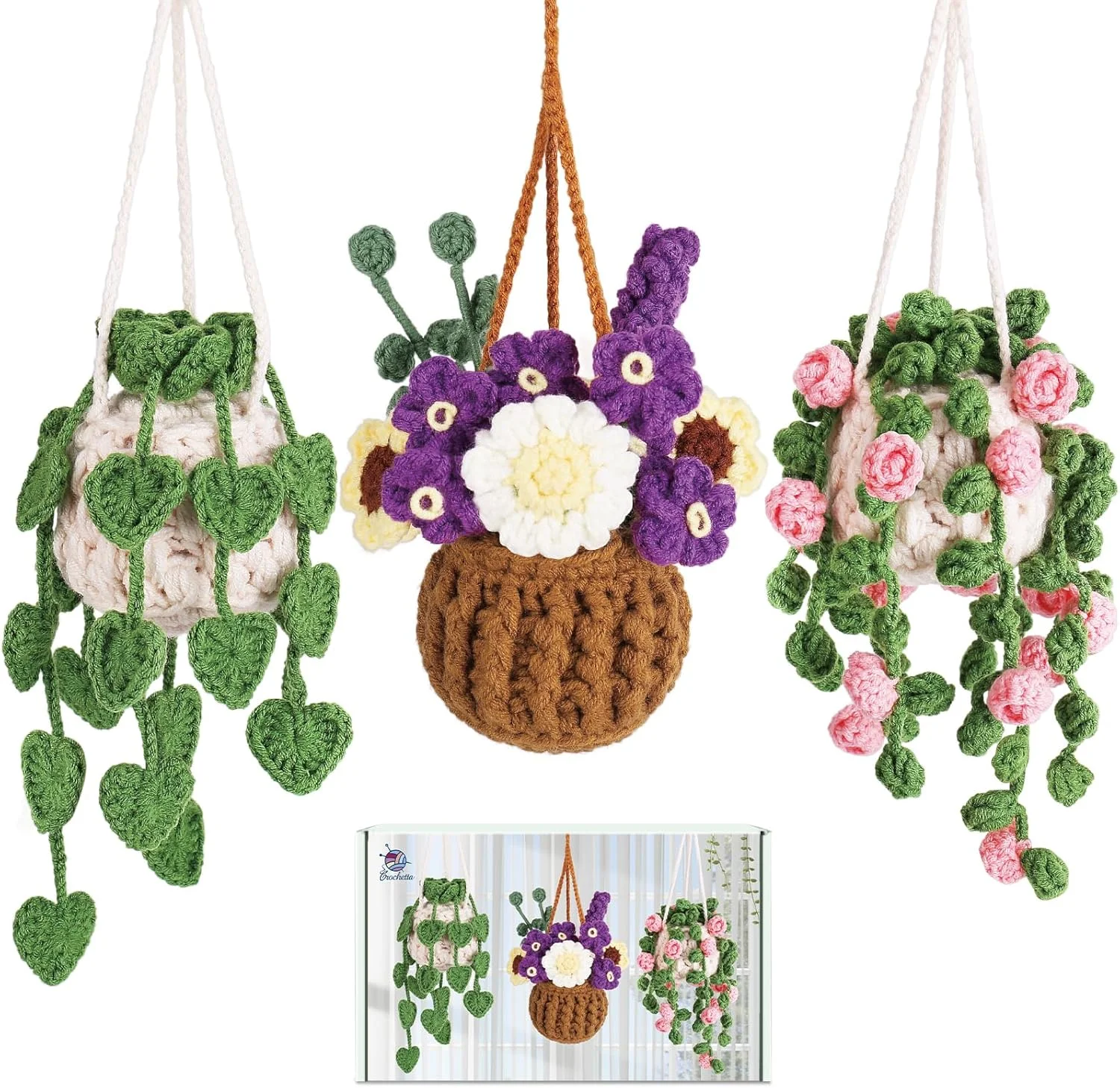 کیت قلاب بافی Crochetta برای مبتدیان، کیت قلاب بافی با آموزش های ویدئویی گام به گام، کیت آموزش قلاب بافی برای بزرگسالان و کودکان، لوازم صنایع دستی بافتنی، دکوراسیون منزل گیاهان آویز (40%+ نخ)