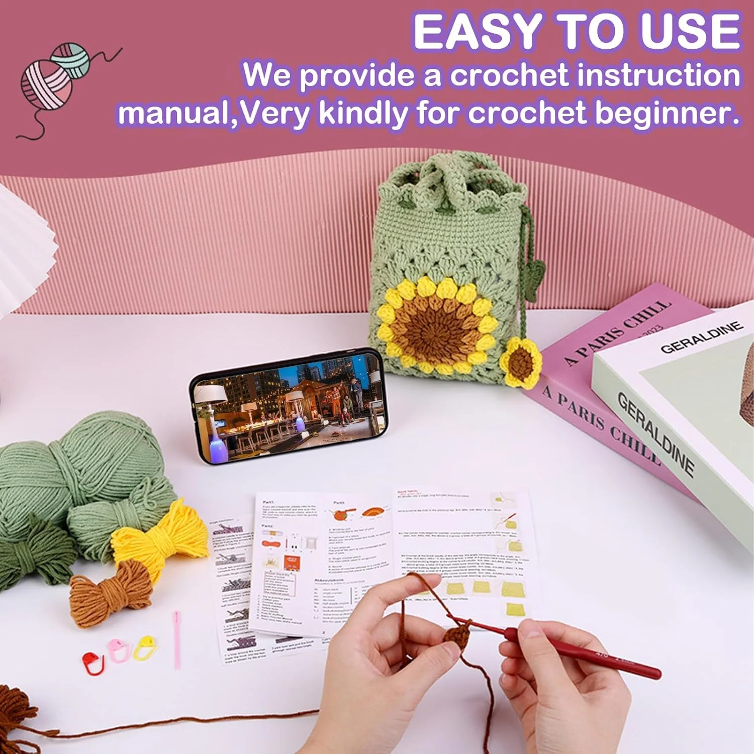 ست قلاب بافی KASTWAVE برای مبتدیان و بزرگسالان، شامل ابزار قلاب بافی DIY، نخ پلی استر، پروژه کیف تلفن الگو، با قلاب بافی، الیاف پلی استر، لوازم بافندگی DIY (آفتابگردان)