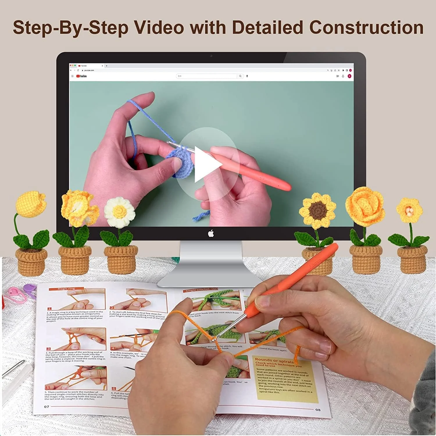 ست قلاب بافی SYOSI برای مبتدیان، ست بافتنی 6 عددی گل برای بزرگسالان مبتدی، ست قلاب بافی آسان برای مبتدیان، گل زیبا، با دستورالعمل های گام به گام و آموزش های ویدئویی