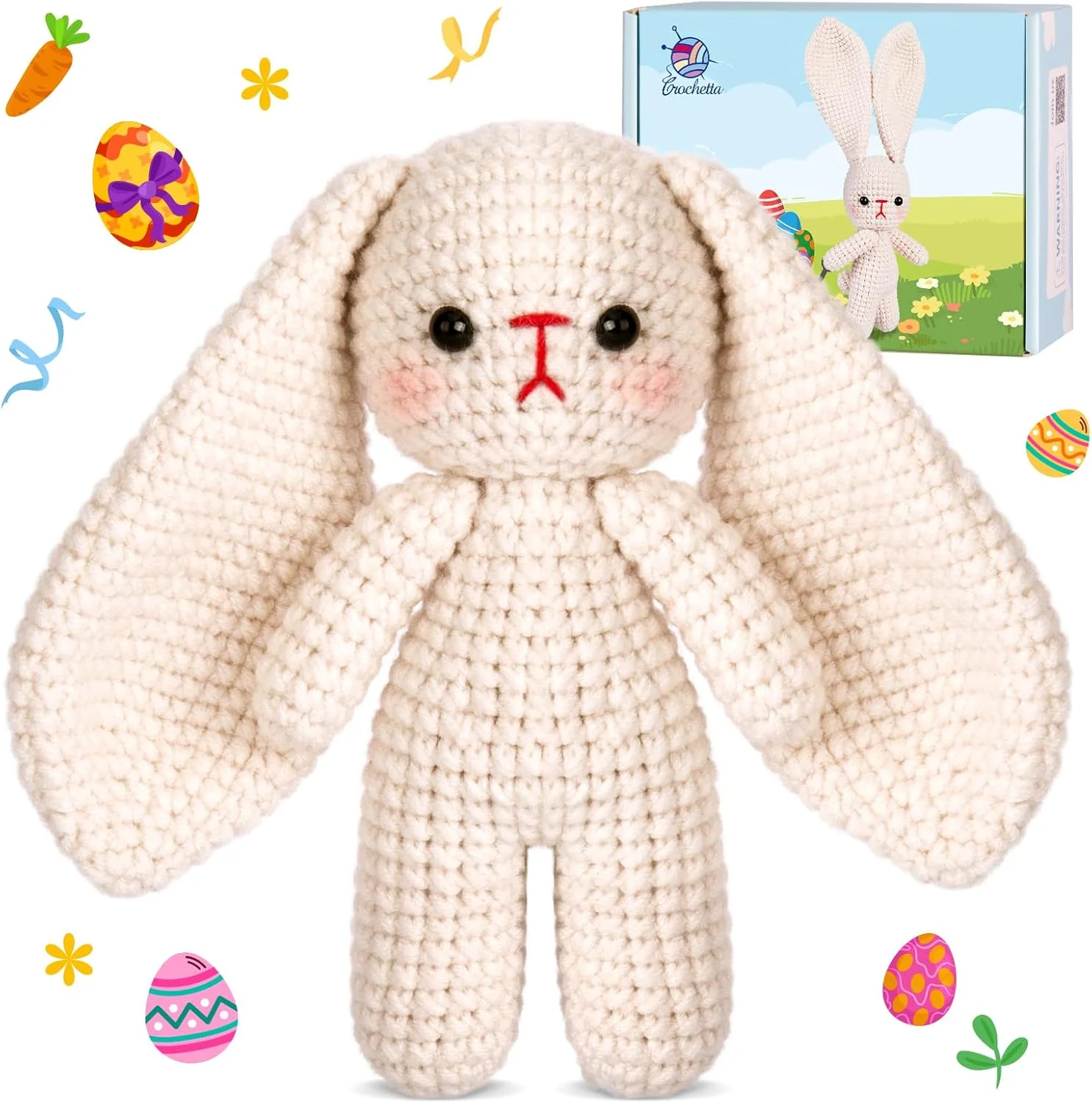 کیت قلاب بافی Crochetta برای مبتدیان، کیت شروع قلاب بافی با آموزش های ویدئویی گام به گام، کیت بافتنی قلاب بافی مبتدی برای بزرگسالان و کودکان، خرگوش قلاب بافی (40%+ نخ)