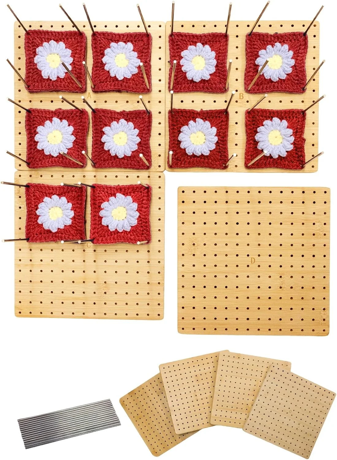 تخته بلاکینگ قلاب بافی 4 در 1 با ابعاد 40x40 سانتی متر - تخته های اتصال مغناطیسی بزرگ برای پروژه های بافتنی و قلاب بافی به همراه 15 عدد میله استیل ضد زنگ، هدیه ای برای مادر و مادربزرگ