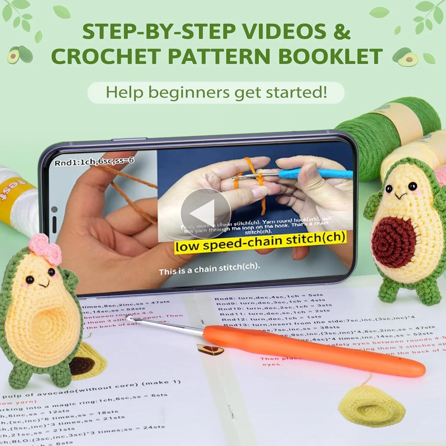 کیت قلاب بافی مبتدی KASTWAVE Crochetta، کیت شروع قلاب بافی مبتدی با آموزش های ویدئویی گام به گام، کیت های آموزش قلاب بافی برای بزرگسالان و کودکان، لوازم بافندگی DIY، زوج آووکادو (40%+ نخ) کیت قلاب بافی مبتدی KASTWAVE Crochetta، کیت شروع قلاب بافی مبتدی با آموزش های ویدئویی گام به گام، کیت های آموزش قلاب بافی برای بزرگسالان و کودکان، لوازم بافندگی DIY، زوج آووکادو (40%+ نخ)