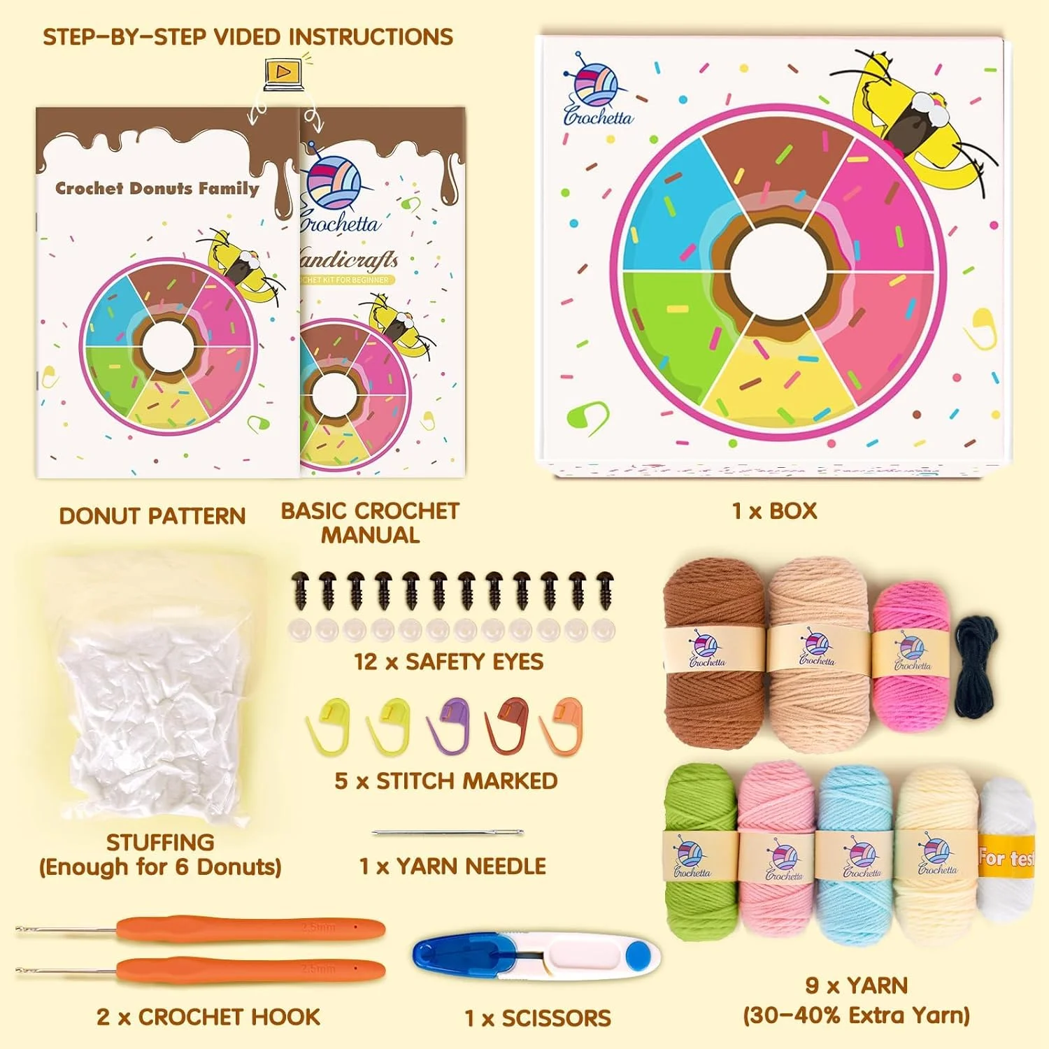 کیت قلاب بافی Excefore برای مبتدیان، کیت استارتر قلاب بافی مبتدی با آموزش های ویدئویی گام به گام، کیت های آموزش قلاب بافی برای بزرگسالان و کودکان، لوازم بافندگی DIY، خانواده دونات 6 عددی (40%+ محتوای نخ)