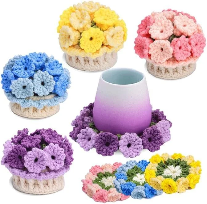 کیت قلاب بافی برای مبتدیان، ست کامل صنایع دستی DIY با لوازم بافندگی، زیر لیوانی گل 4 عددی برای بزرگسالان و کودکان 13 سال به بالا، هدیه ایده آل برای هنرمندان