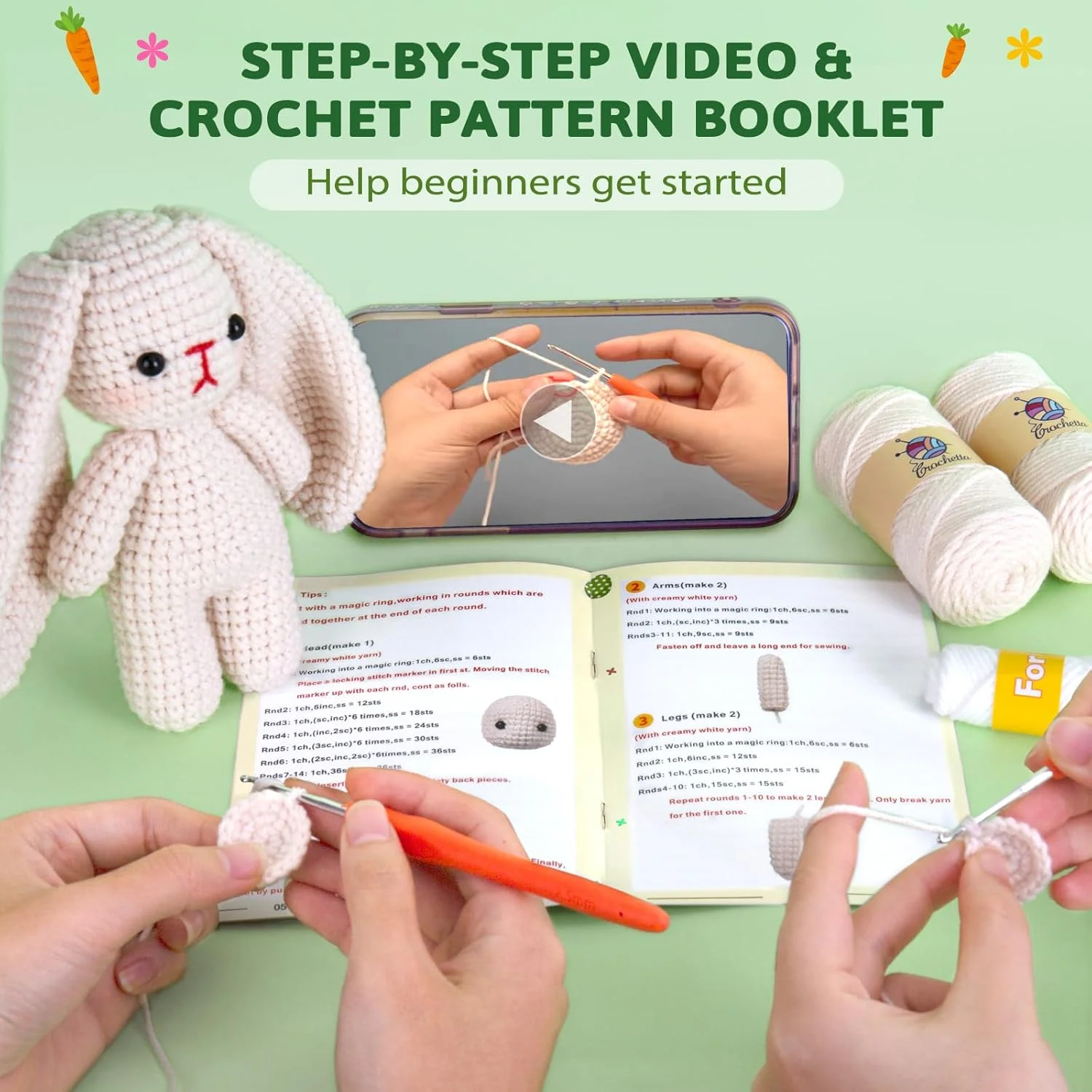 کیت قلاب بافی Crochetta برای مبتدیان، کیت شروع قلاب بافی با آموزش های ویدئویی گام به گام، کیت بافتنی قلاب بافی مبتدی برای بزرگسالان و کودکان، خرگوش قلاب بافی (40%+ نخ) کیت قلاب بافی Crochetta برای مبتدیان، کیت شروع قلاب بافی با آموزش های ویدئویی گام به گام، کیت بافتنی قلاب بافی مبتدی برای بزرگسالان و کودکان، خرگوش قلاب بافی (40%+ نخ)