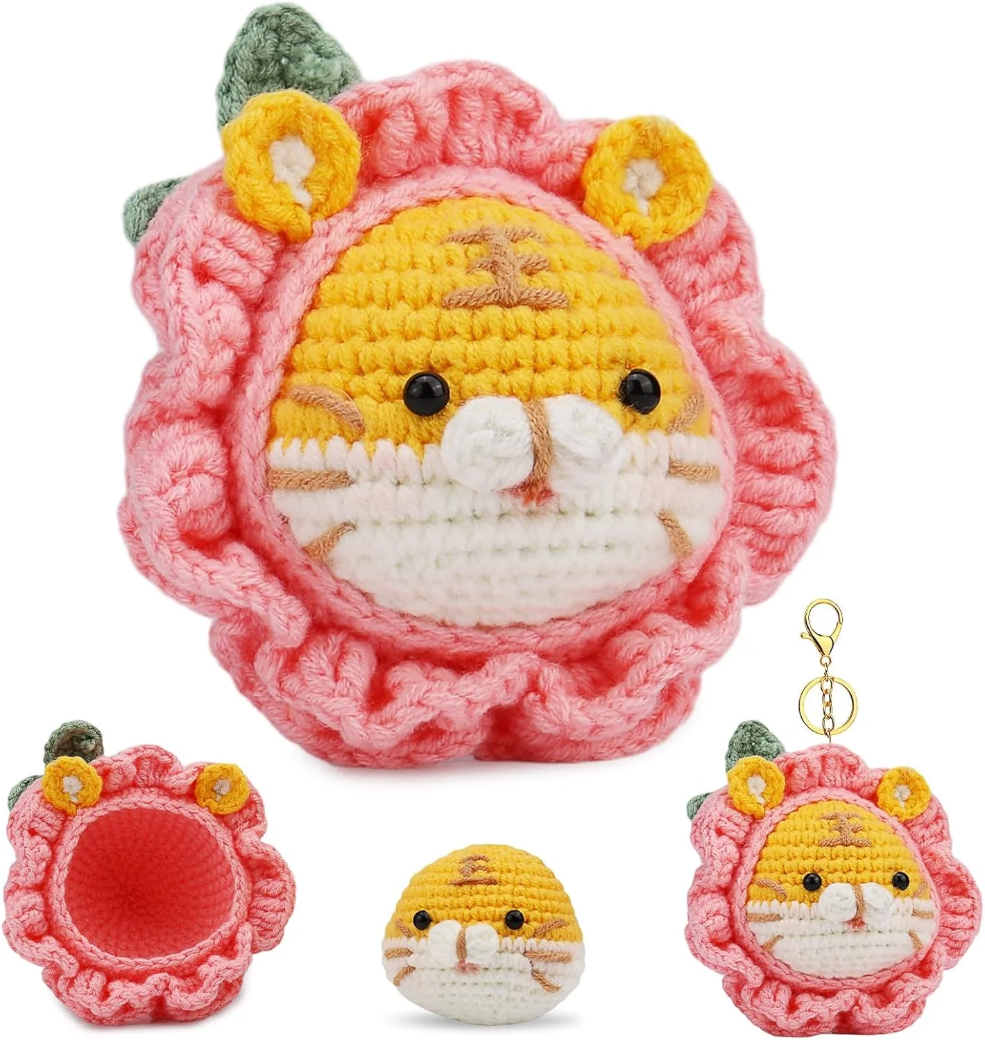 کیت قلاب بافی برای مبتدیان، کیت حیوانات قلاب بافی، ببر و گل صورتی، کیت شروع قلاب بافی با آموزش های ویدئویی گام به گام، نخ قلاب بافی برای لوازم بافندگی DIY بزرگسالان، کیت بافندگی برای بزرگسالان