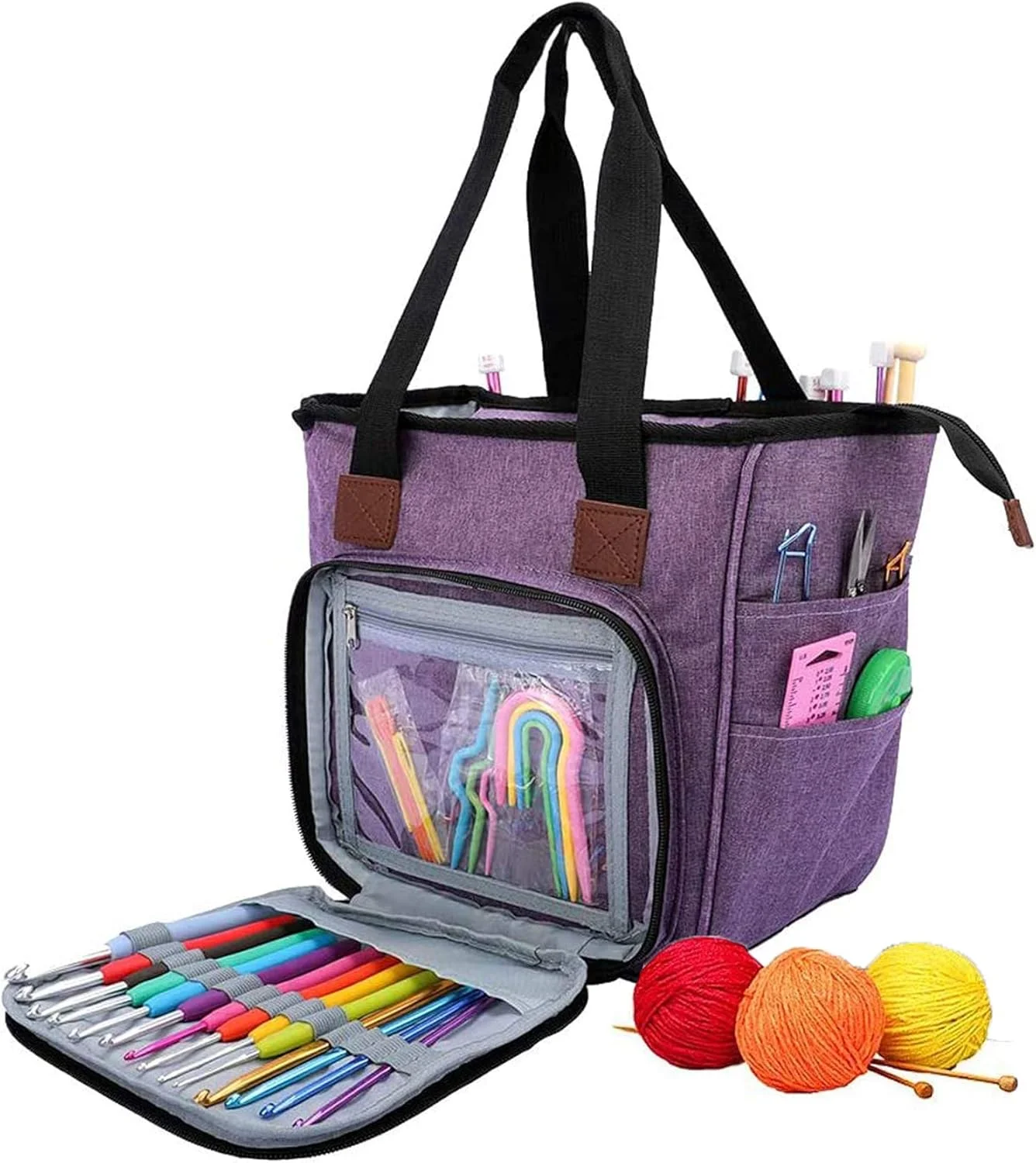 کیف بافتنی قابل حمل Znworld، کیف حمل نخ، کیف بافتنی نخی قابل حمل با شکاف ها و جیب هایی برای سوزن های بافندگی، نخ، قلاب بافی و لوازم، جلوگیری از گره خوردن (فقط کیف)