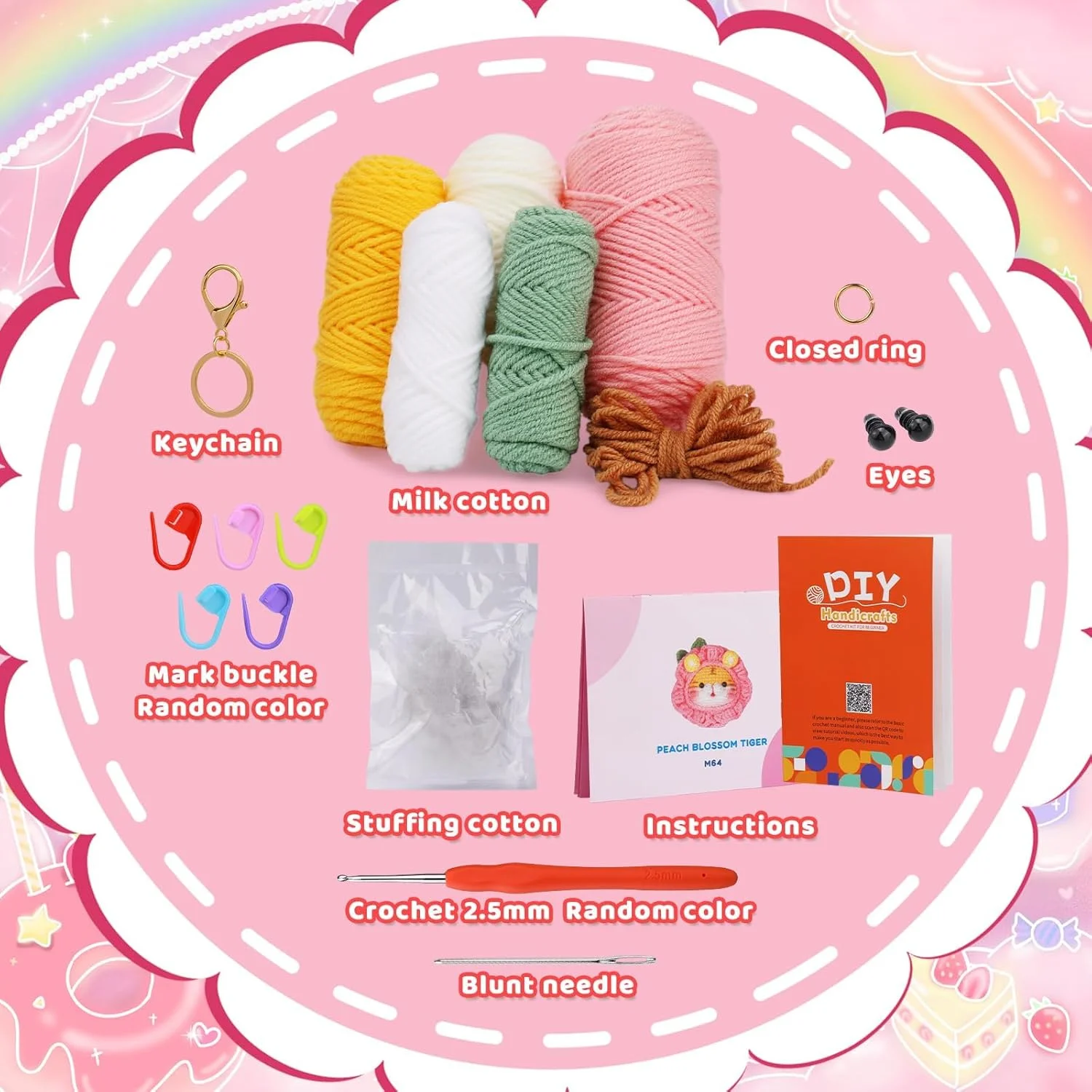 کیت قلاب بافی برای مبتدیان، کیت حیوانات قلاب بافی، ببر و گل صورتی، کیت شروع قلاب بافی با آموزش های ویدئویی گام به گام، نخ قلاب بافی برای لوازم بافندگی DIY بزرگسالان، کیت بافندگی برای بزرگسالان