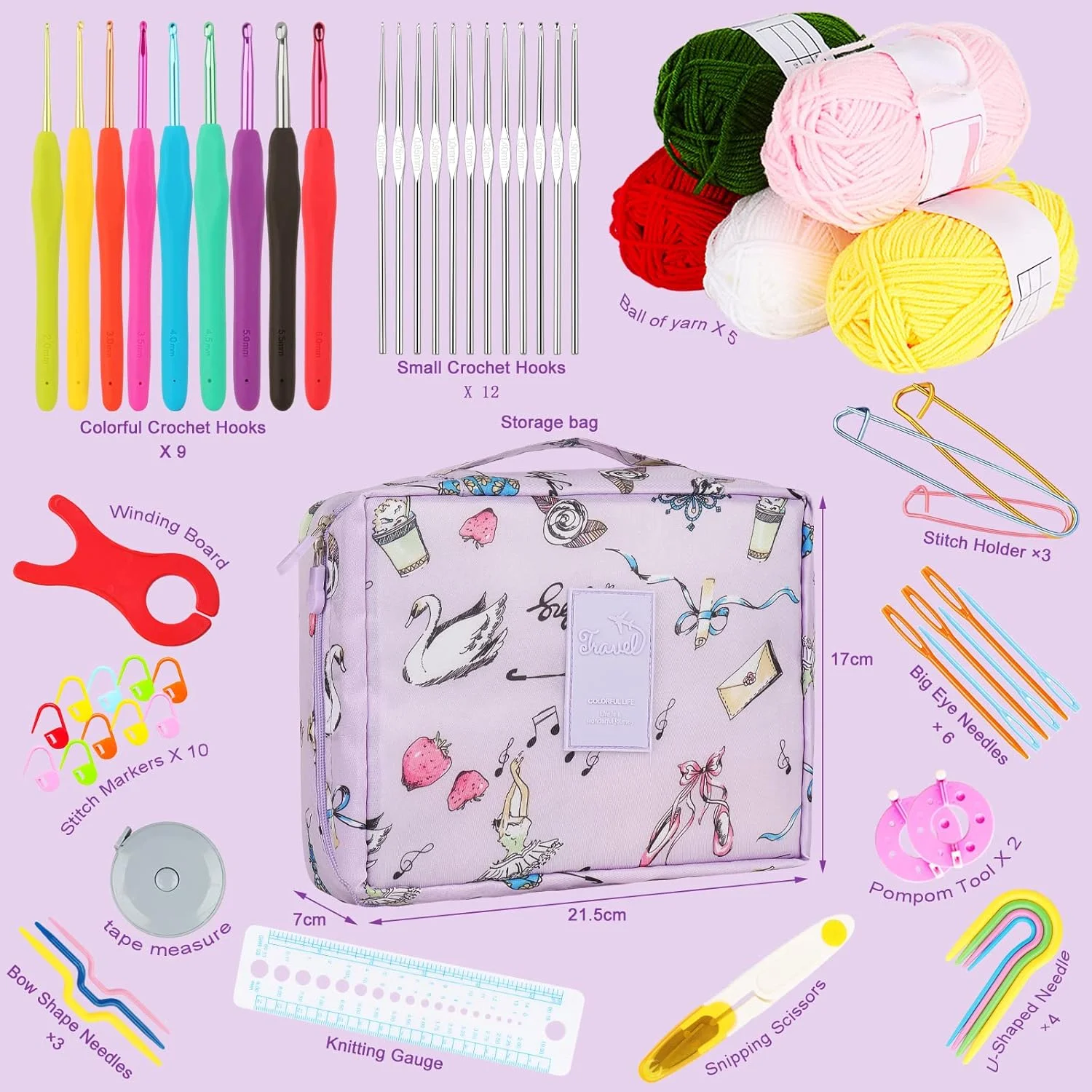 ست قلاب بافی مبتدی Aeelike، ست شروع 59 تکه قلاب بافی برای بزرگسالان و کودکان، ست لوازم اولیه قلاب بافی و بافندگی برای مبتدیان، ست کوچک قلاب بافی مسافرتی با کیف بنفش