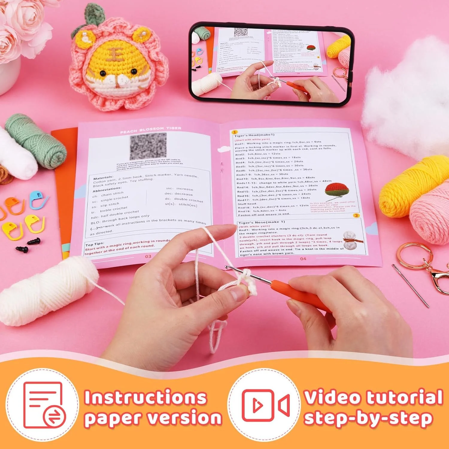 کیت قلاب بافی برای مبتدیان، کیت حیوانات قلاب بافی، ببر و گل صورتی، کیت شروع قلاب بافی با آموزش های ویدئویی گام به گام، نخ قلاب بافی برای لوازم بافندگی DIY بزرگسالان، کیت بافندگی برای بزرگسالان