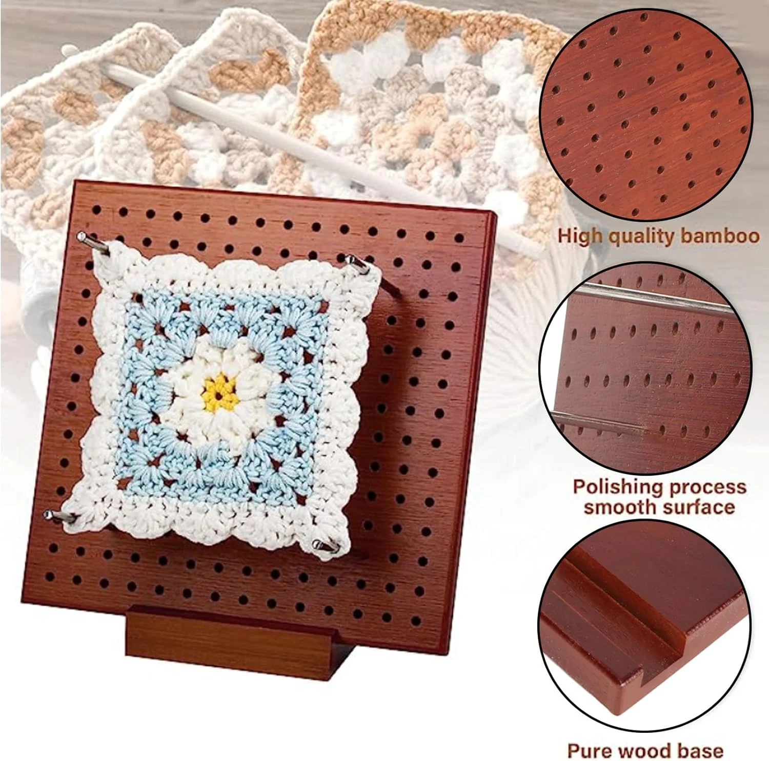 برد مسدود کننده قلاب بافی gernie، 19.5x19.5 سانتی متر، برد مسدود کننده قلاب بافی چوبی با 20 عدد پین فولادی، لوازم جانبی قلاب بافی قابل استفاده مجدد، برد مسدود کننده برای بافتنی قلاب بافی و پروژه های قلاب بافی