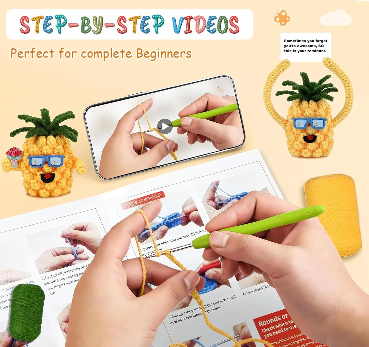 کیت قلاب بافی برای مبتدیان، طرح آناناس، کیت شروع قلاب بافی با آموزش های ویدئویی گام به گام، کیت های آموزش قلاب بافی برای بزرگسالان و کودکان، لوازم بافندگی DIY، آموزش قلاب بافی، کارکرد آسان
