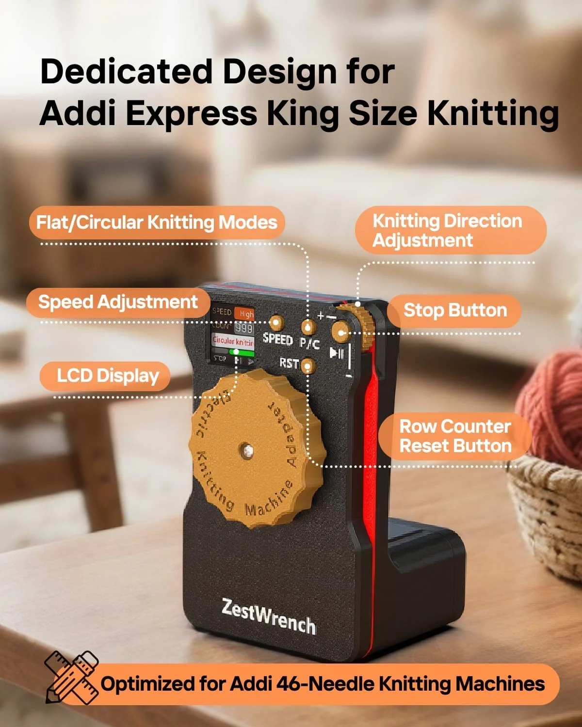 آداپتور ماشین بافندگی برقی ZestWrench [ارتقاء 2025] برای ماشین بافندگی سایز بزرگ Addi Express 46 سوزنه، لوازم جانبی اتوماتیک ماشین بافندگی Addi، پنل LCD و شمارنده ردیف