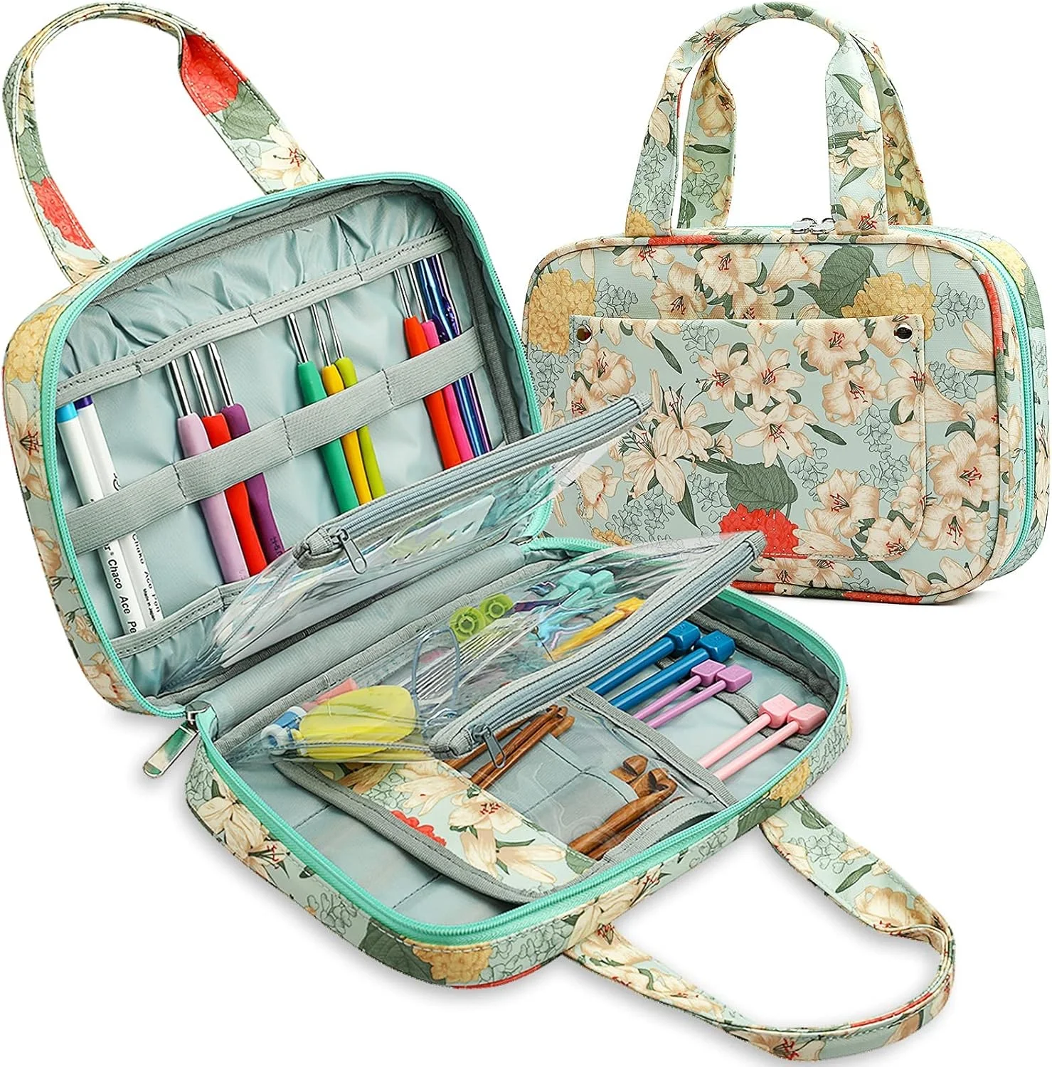 کیف قلاب بافی NALACAL، کیف بزرگ سوزن بافندگی با دسته، سازمان دهنده قلاب بافی کیف مسافرتی قابل حمل، مناسب برای تمام ست قلاب های ارگونومیک، سوزن های بافندگی، لوازم قلاب بافی