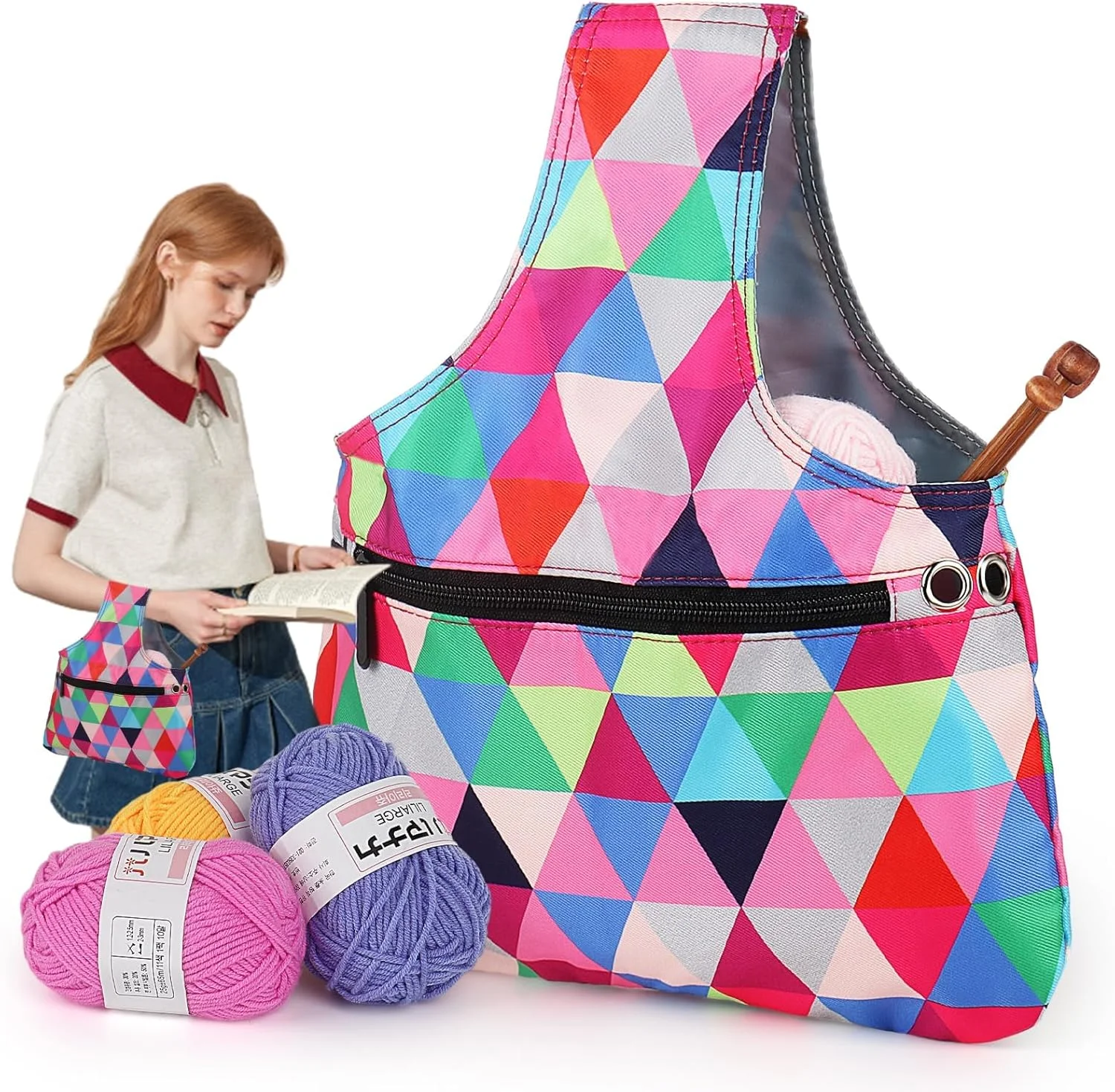 کیف حمل ابزار بافتنی Azonee - کیف سازمان دهنده سبک وزن برای نگهداری نخ - کیف مچی بافتنی قابل حمل برای نگهداری نخ، قلاب بافی، سوزن های قلاب بافی، لوازم بافندگی