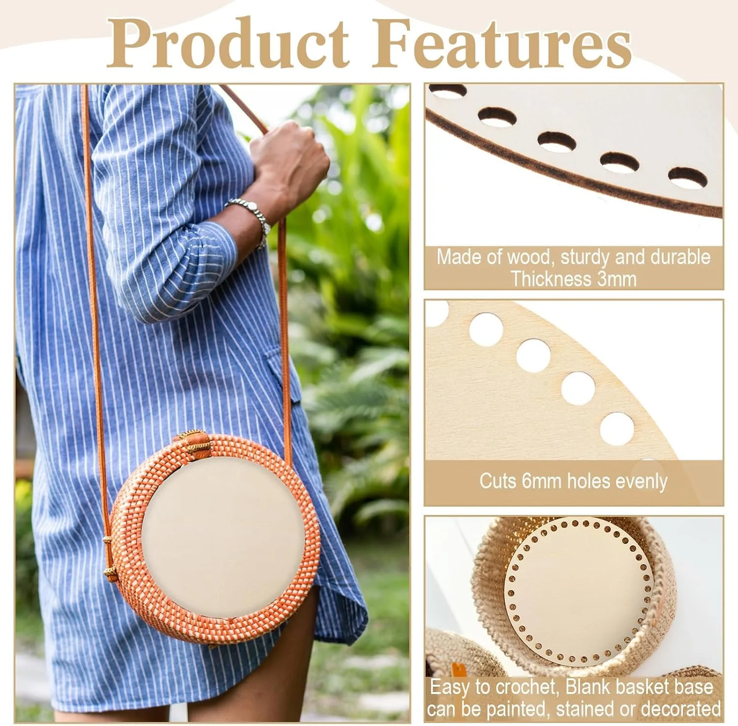 کف سبد چوبی، پایه سبد قلاب بافی، پایه بافتنی چوبی ناتمام برای لوازم ساخت بافتنی و صنایع دستی DIY، 12 عدد (6 اینچ)