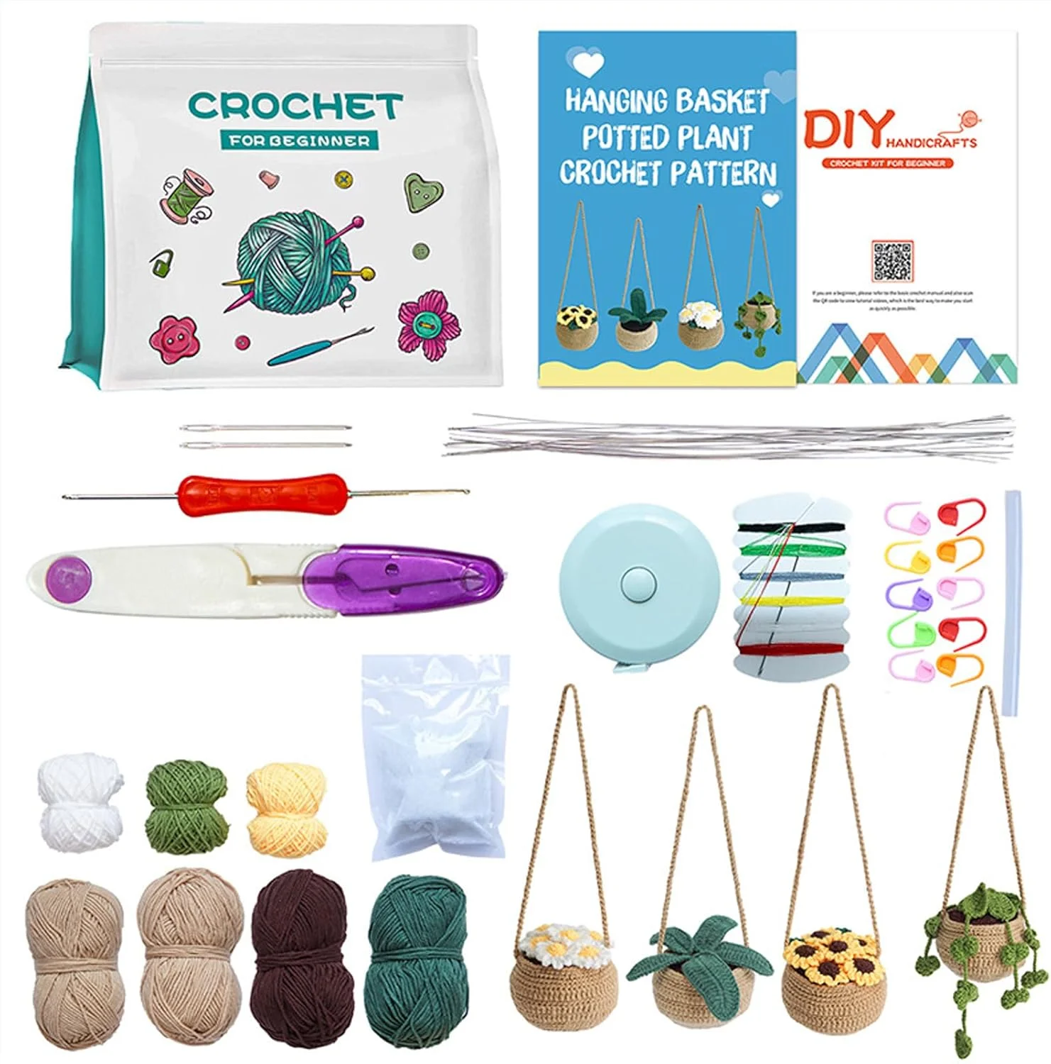 ست قلاب بافی تزویق برای مبتدیان، ست شروع 4 عددی گیاهان گلدانی آویز، ست قلاب بافی برای مبتدیان 4 الگوی گیاهی با ویدیو گام به گام، لوازم بافندگی DIY