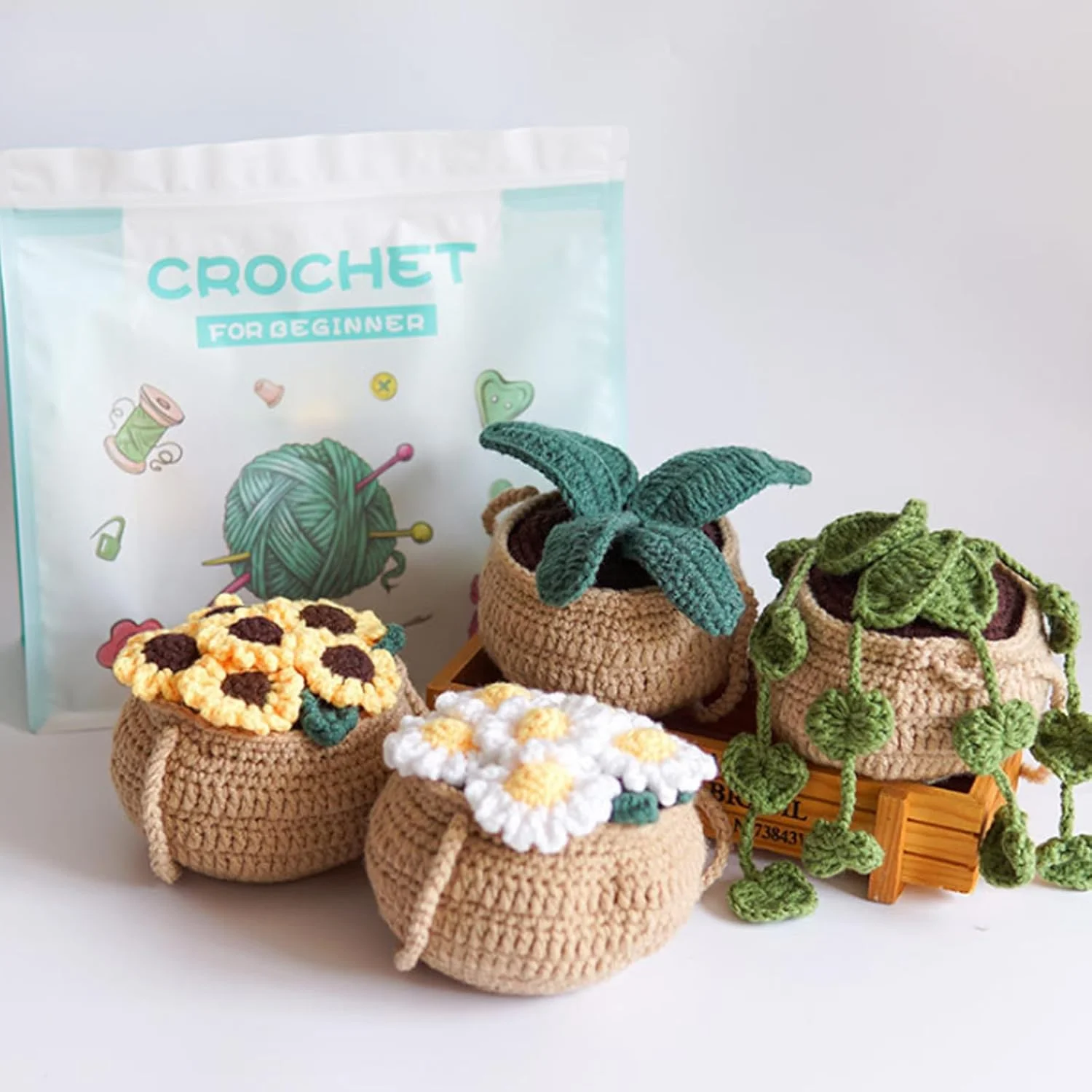 ست قلاب بافی تزویق برای مبتدیان، ست شروع 4 عددی گیاهان گلدانی آویز، ست قلاب بافی برای مبتدیان 4 الگوی گیاهی با ویدیو گام به گام، لوازم بافندگی DIY