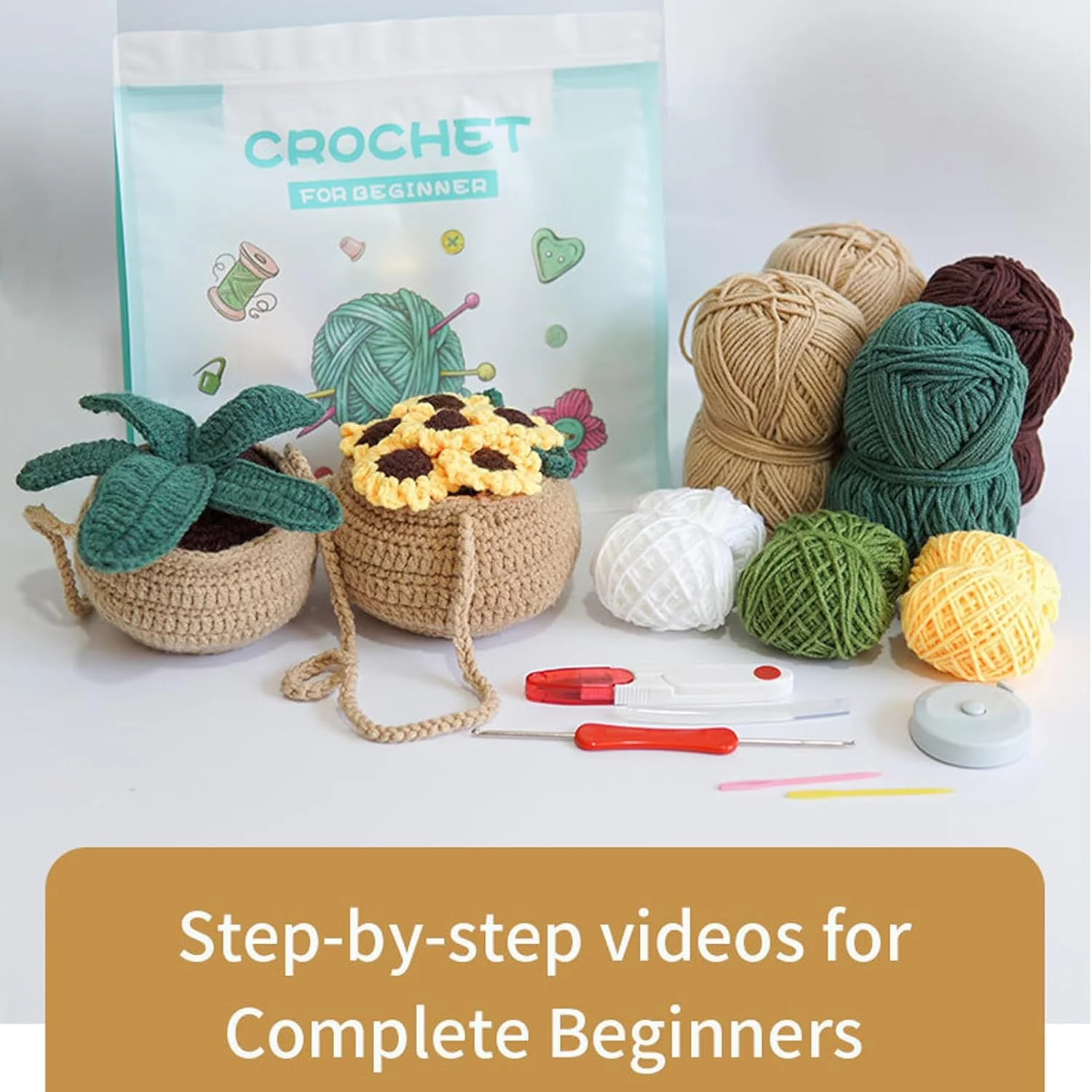 ست قلاب بافی تزویق برای مبتدیان، ست شروع 4 عددی گیاهان گلدانی آویز، ست قلاب بافی برای مبتدیان 4 الگوی گیاهی با ویدیو گام به گام، لوازم بافندگی DIY