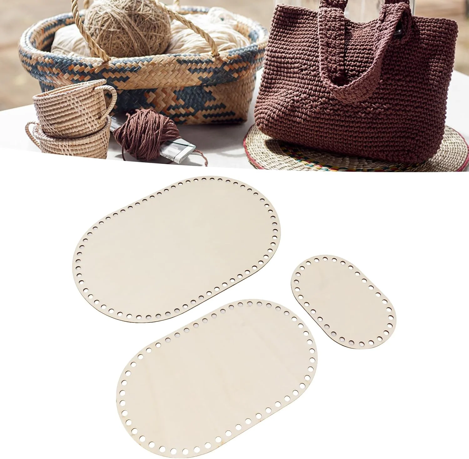 کف سبد چوبی Cryfokt، 3 عدد، پایه سبد قلاب بافی بیضی شکل قابل استفاده مجدد، پایه قلاب بافی خام، لوازم بافت سبد بافتنی DIY برای ساخت کیف دستی و دکوراسیون منزل
