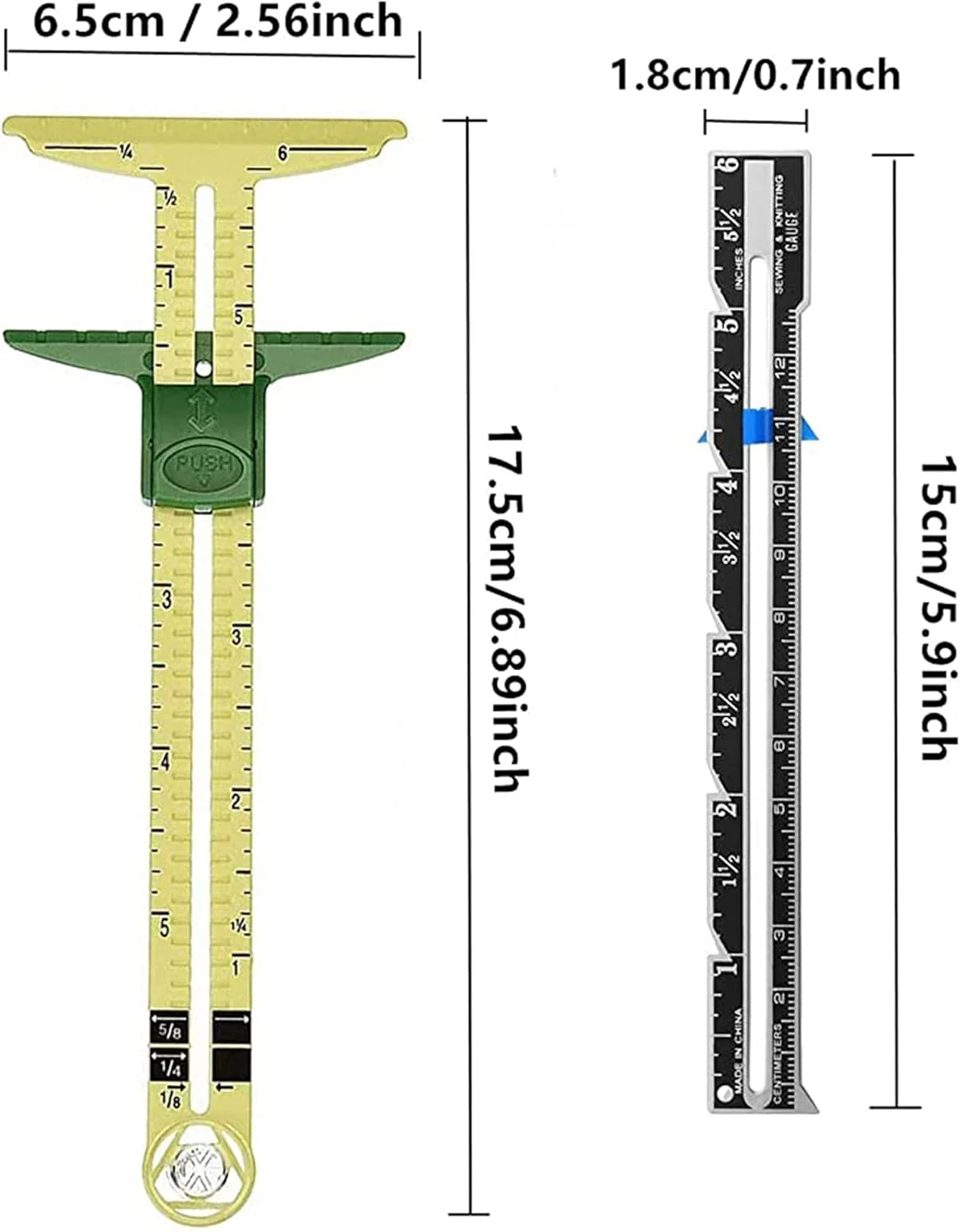 ابزار اندازه گیری خیاطی KASTWAVE، 2 عدد ابزار اندازه گیری کشویی، خط کش پارچه ای 5 در 1، مناسب برای بافندگی، خیاطی و لوازم مبتدی