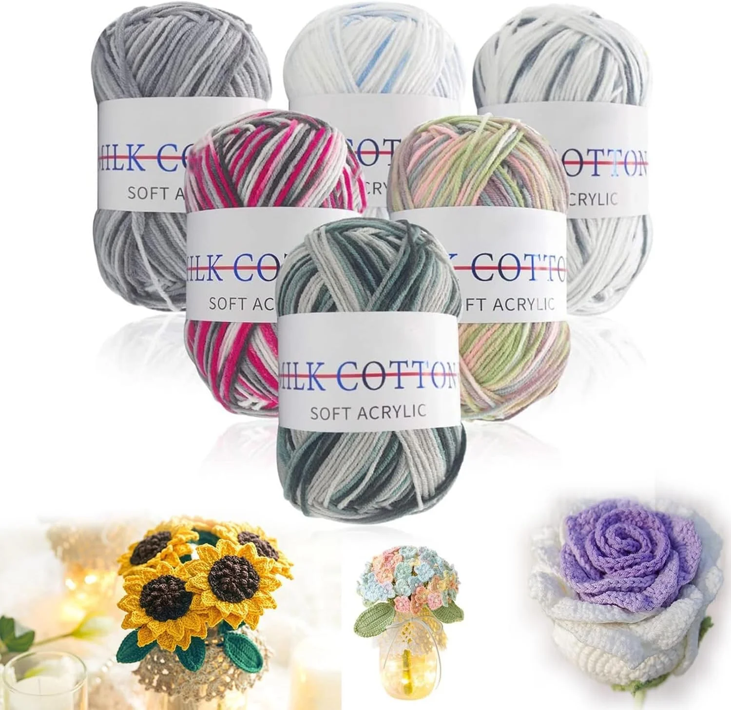 ست 6 عددی نخ خالص KASTWAVE، نخ قلاب بافی DIY، نخ اکریلیک چند رنگ، نخ بافندگی دستی، لوازم نخ قلاب بافی شال و روسری بافتنی دستی DIY (A)