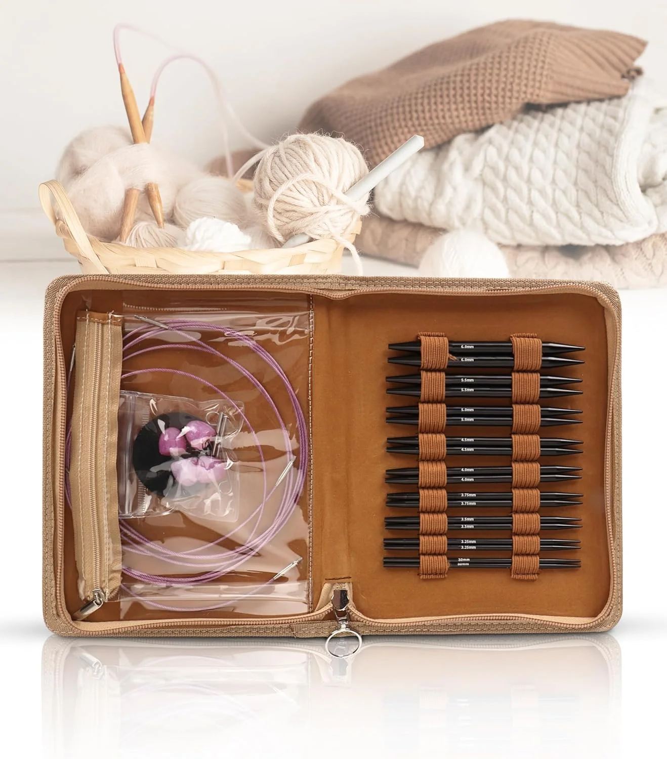 ست سوزن بافتنی دایره ای قابل تعویض Gugxiom، 9 جفت ست سوزن بافتنی دایره ای، ست سوزن بافتنی فلزی 3 تا 6 میلی متری با دسته های ارگونومیک و کیف نگهداری، برای پروژه های بافندگی