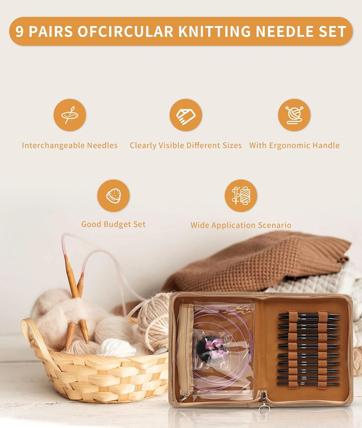 ست سوزن بافتنی دایره ای قابل تعویض Gugxiom، 9 جفت ست سوزن بافتنی دایره ای، ست سوزن بافتنی فلزی 3 تا 6 میلی متری با دسته های ارگونومیک و کیف نگهداری، برای پروژه های بافندگی