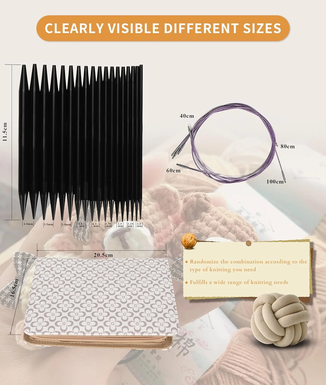 ست سوزن بافتنی دایره ای قابل تعویض Gugxiom، 9 جفت ست سوزن بافتنی دایره ای، ست سوزن بافتنی فلزی 3 تا 6 میلی متری با دسته های ارگونومیک و کیف نگهداری، برای پروژه های بافندگی